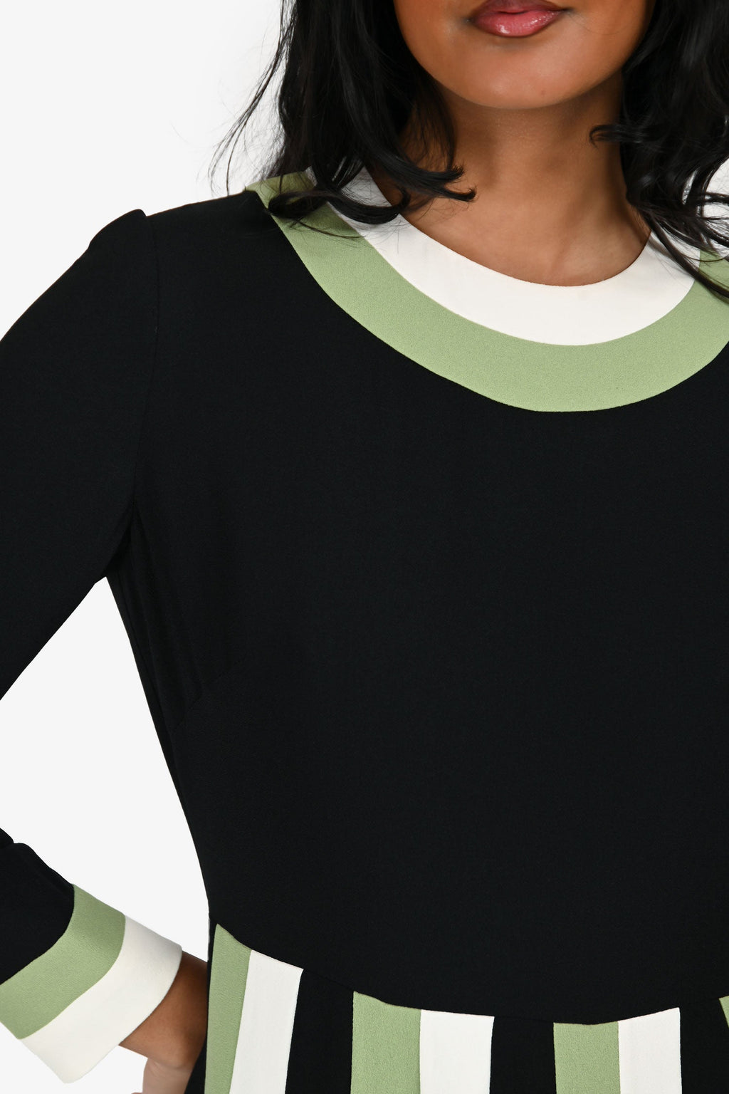 Valentino Black/White/Green Geometric Pattern Pleated Long Sleeve Dress Estimated Size S