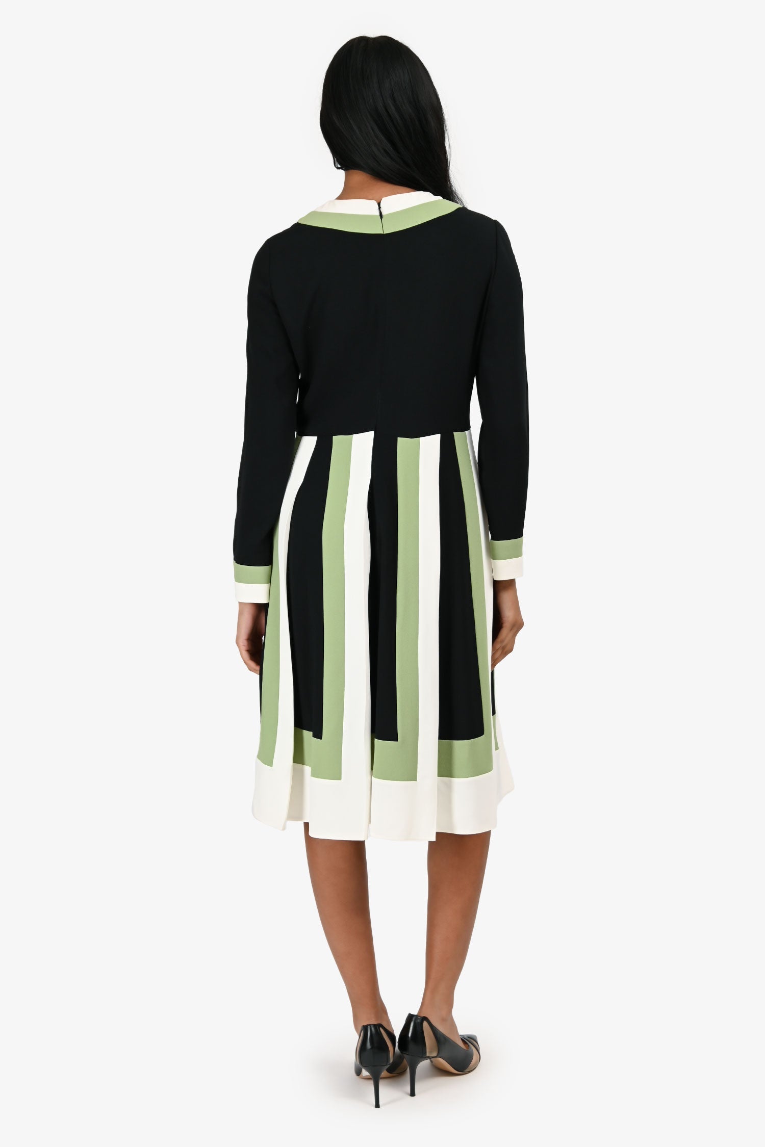 Valentino Black/White/Green Geometric Pattern Pleated Long Sleeve Dress Estimated Size S