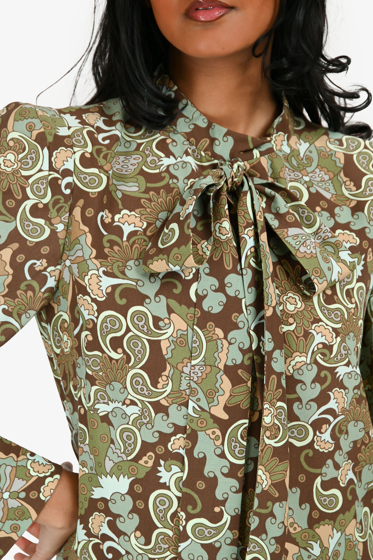 Chloé Green/Brown Patterned High Neck Long Sleeve Dress Size 36