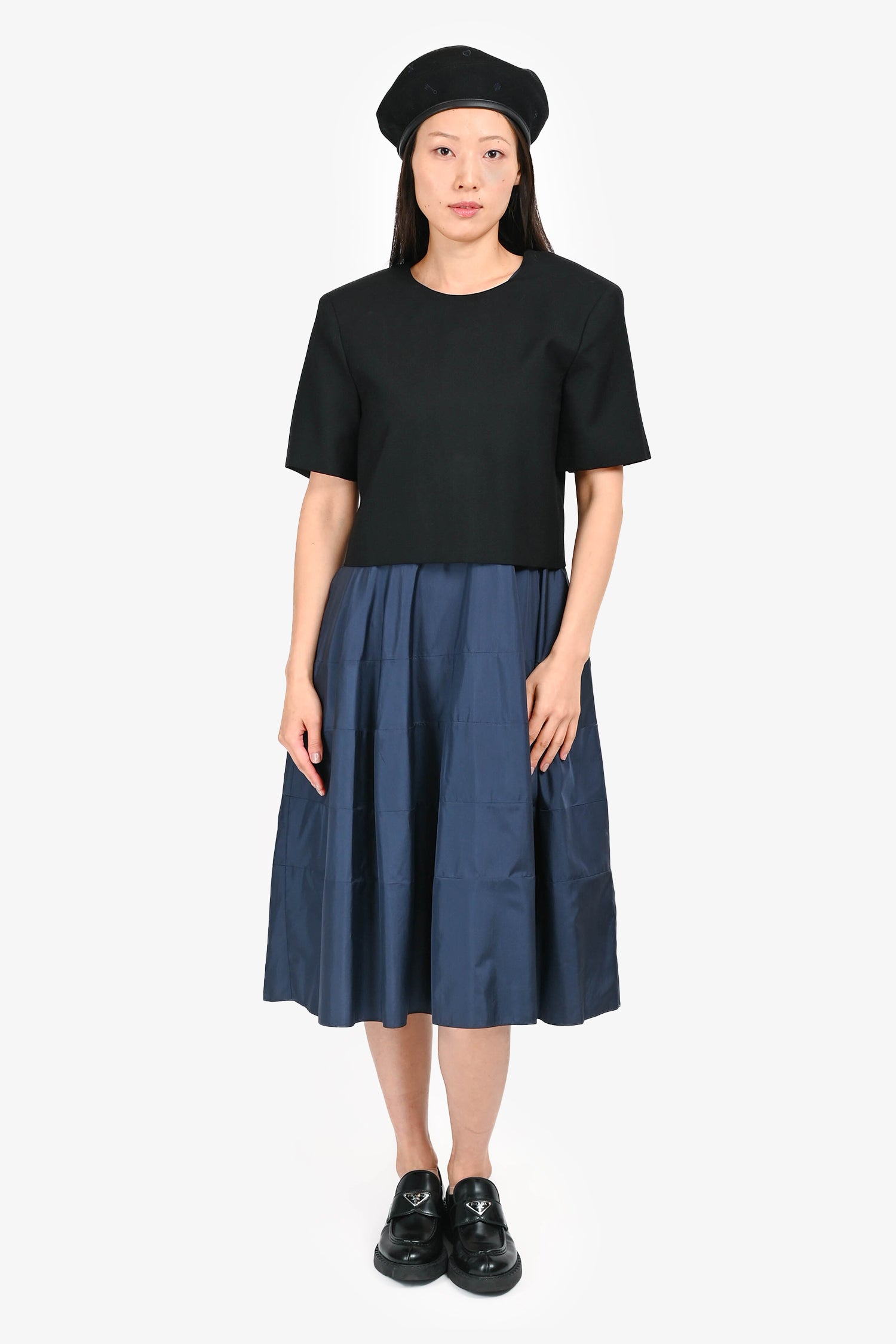 Nina Ricci Black/Navy Silk/Wool 2-in-1 Short Sleeve Midi Dress Size 38