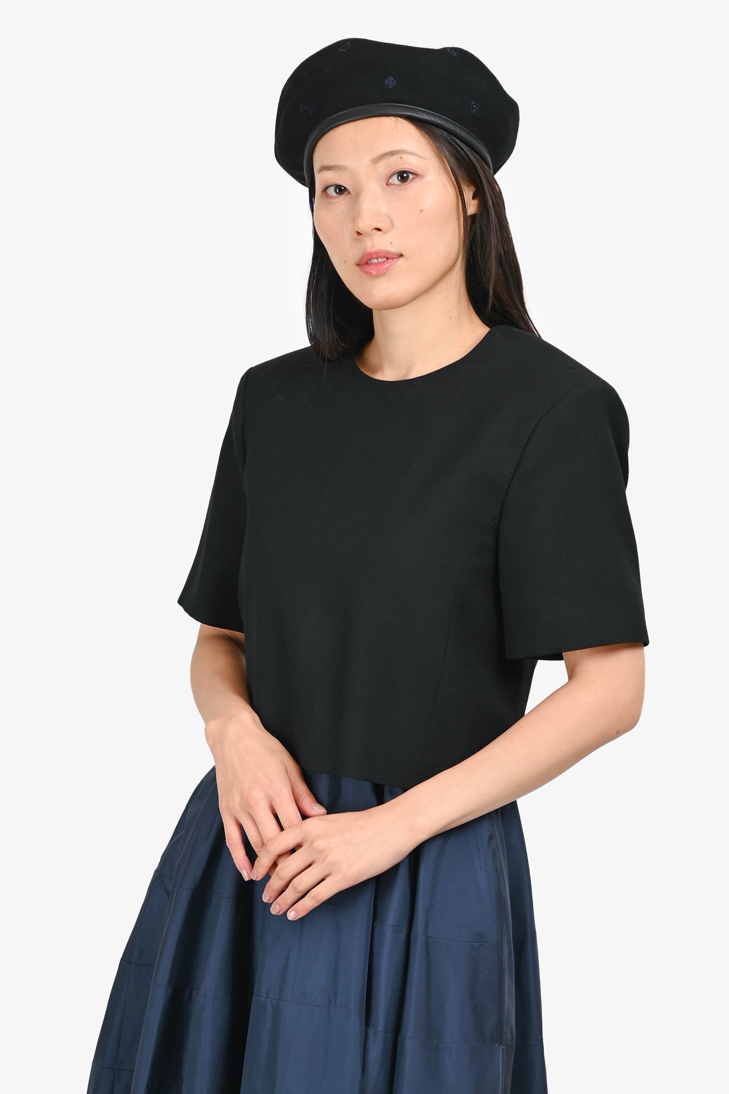 Nina Ricci Black/Navy Silk/Wool 2-in-1 Short Sleeve Midi Dress Size 38