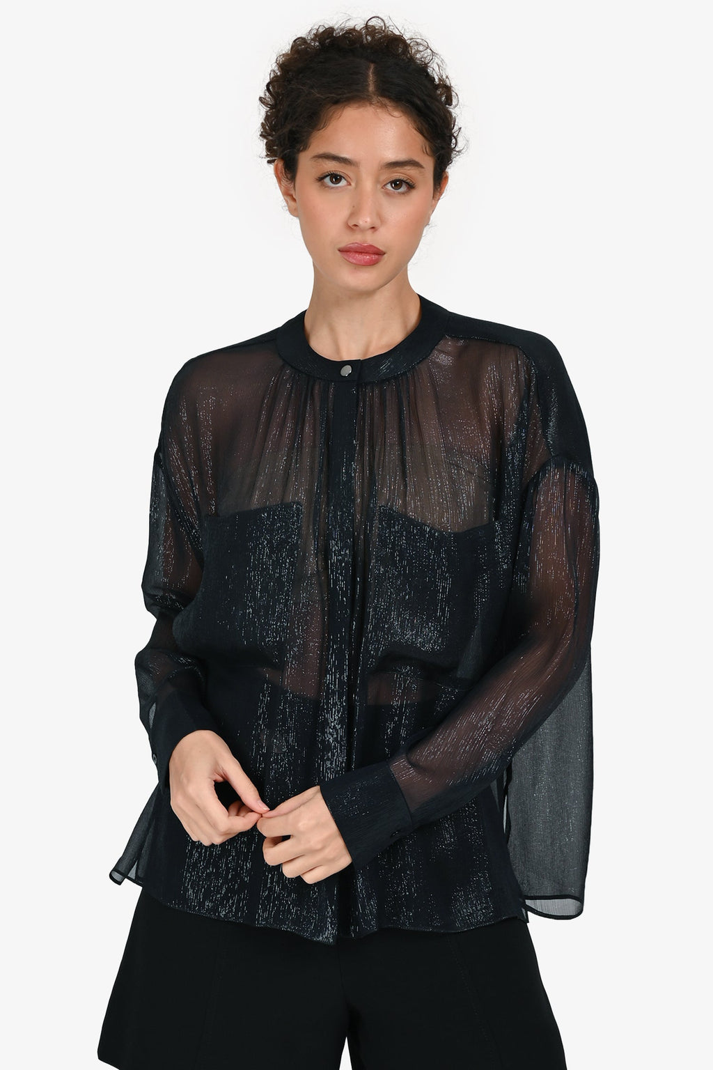Dorothee Schumacher Blue Metallic Button Down Sheer Top Estimated Size S