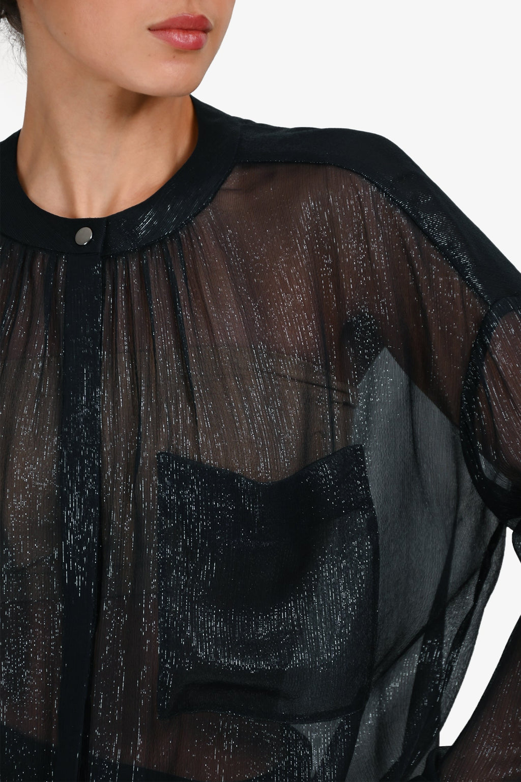 Dorothee Schumacher Blue Metallic Button Down Sheer Top Estimated Size S