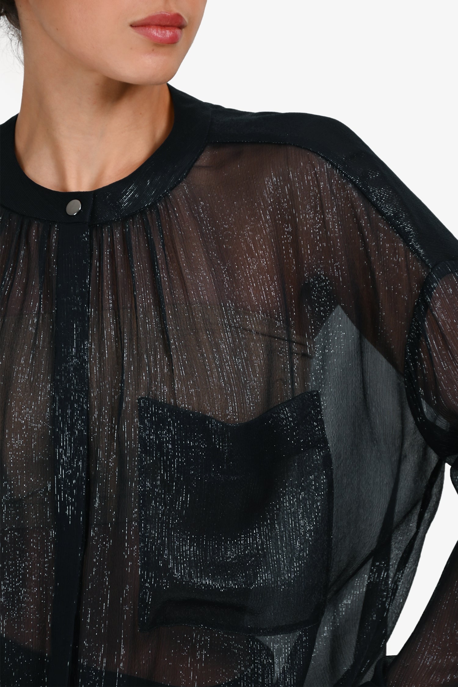 Dorothee Schumacher Blue Metallic Button Down Sheer Top Estimated Size S
