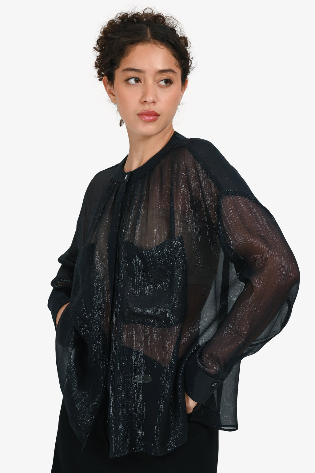 Dorothee Schumacher Blue Metallic Button Down Sheer Top Estimated Size S