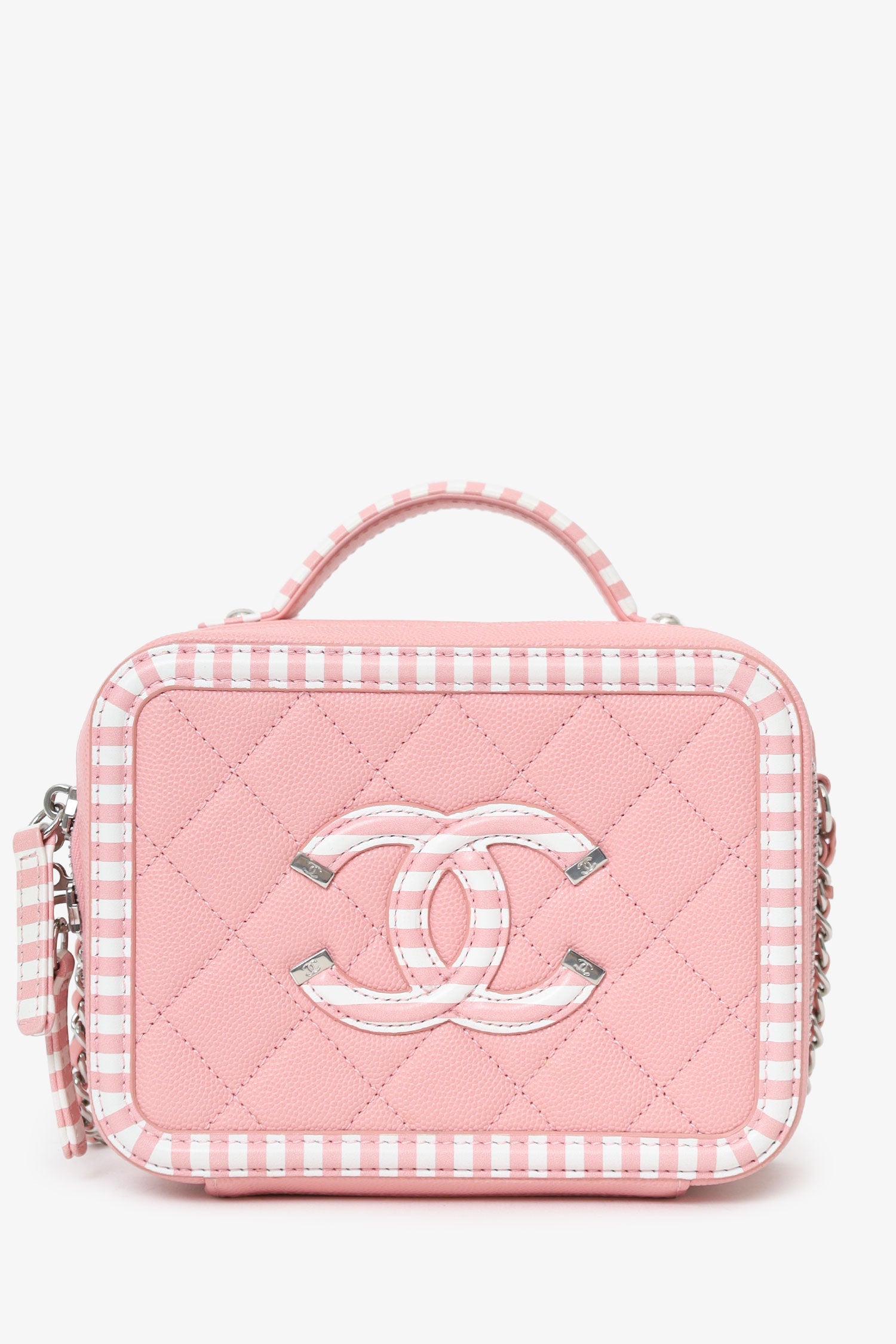 Pre-Loved Chanel™ 2019 Pink/White Caviar Quilted Striped Small CC Filigree Vanity Case