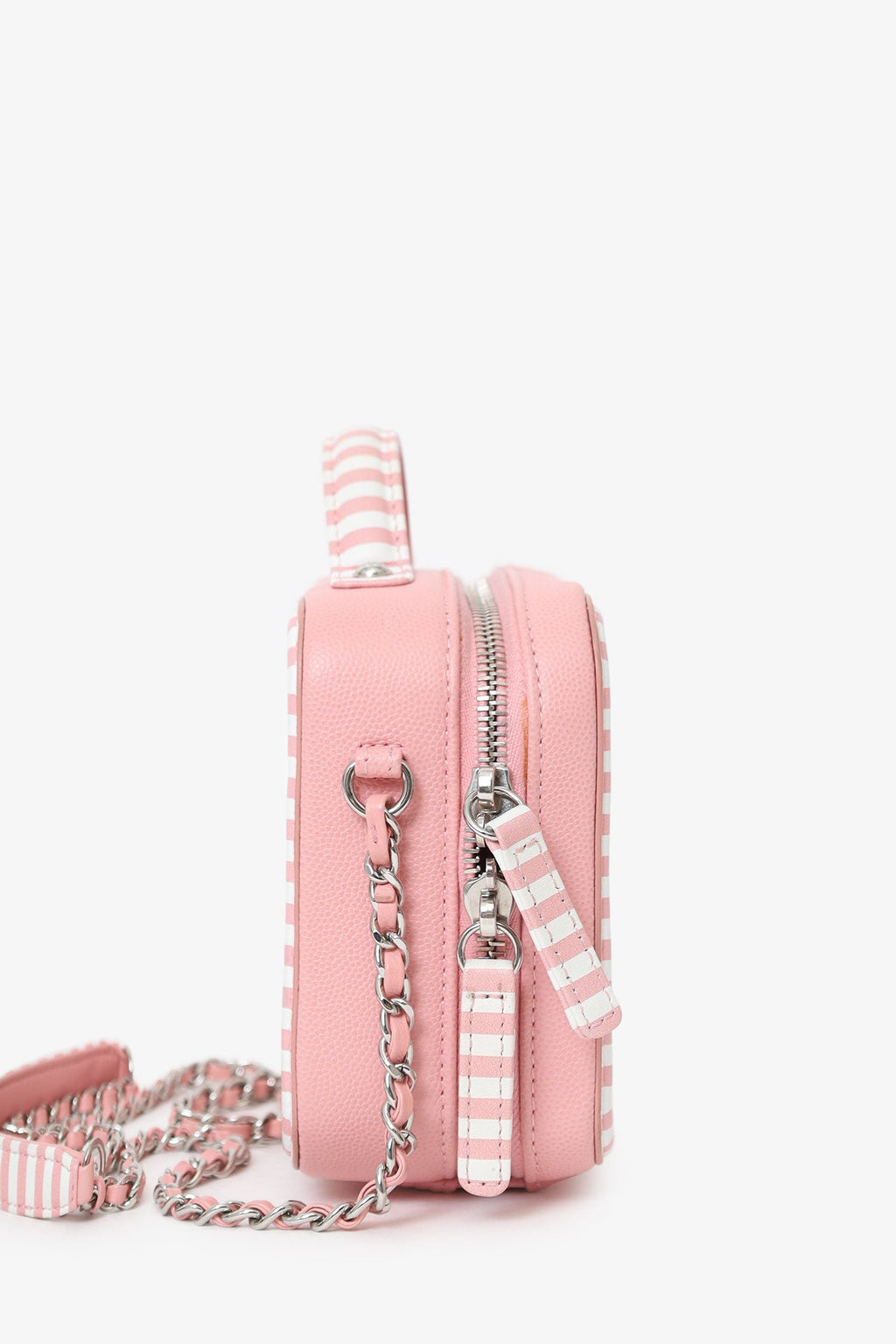 Pre-Loved Chanel™ 2019 Pink/White Caviar Quilted Striped Small CC Filigree Vanity Case