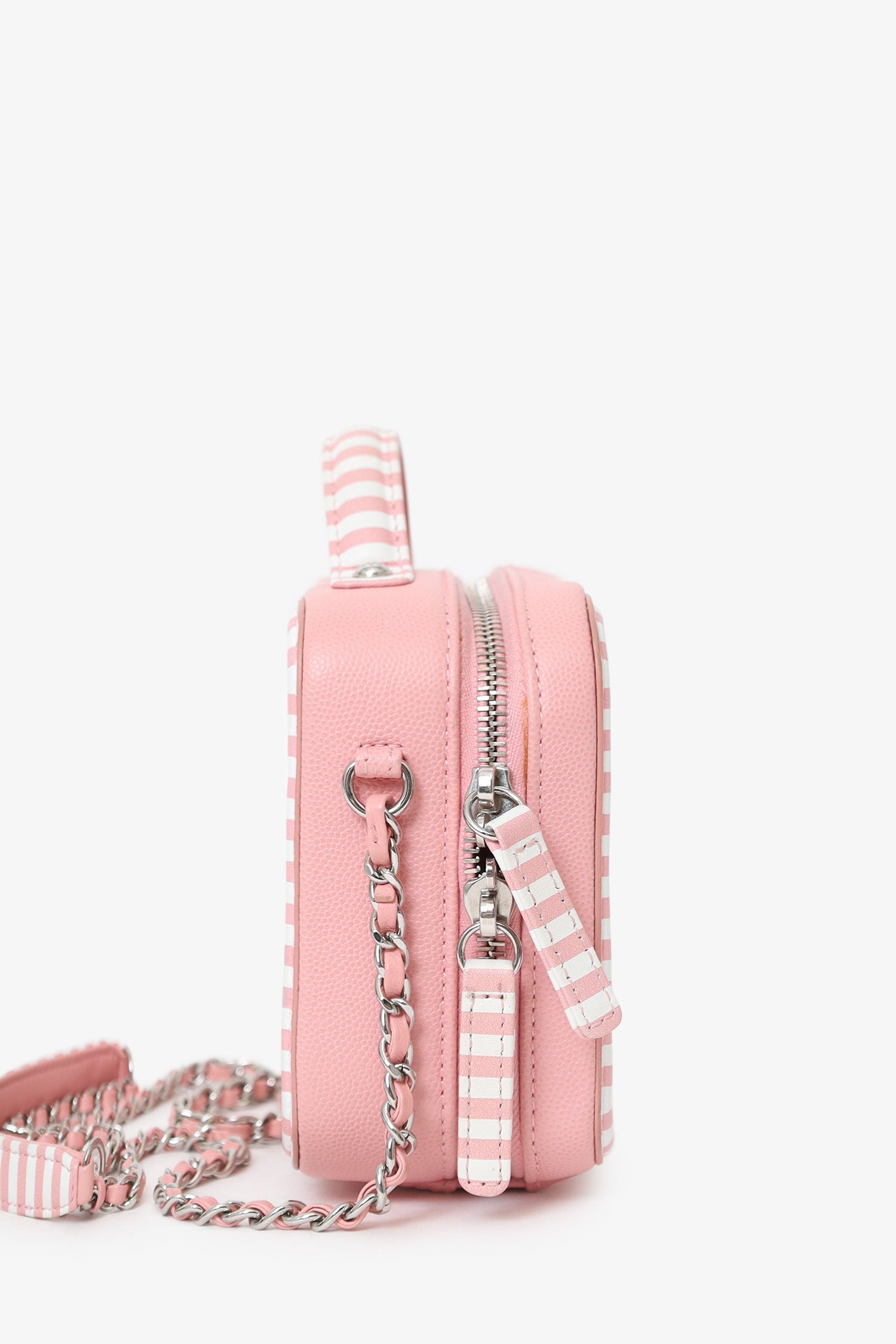 Pre-Loved Chanel™ 2019 Pink/White Caviar Quilted Striped Small CC Filigree Vanity Case
