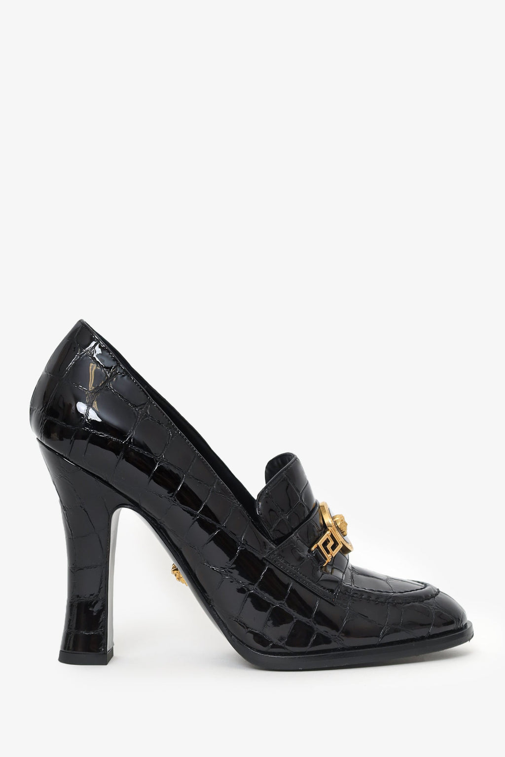 Versace Black Croc Embossed Leather Heeled Loafers Size 40