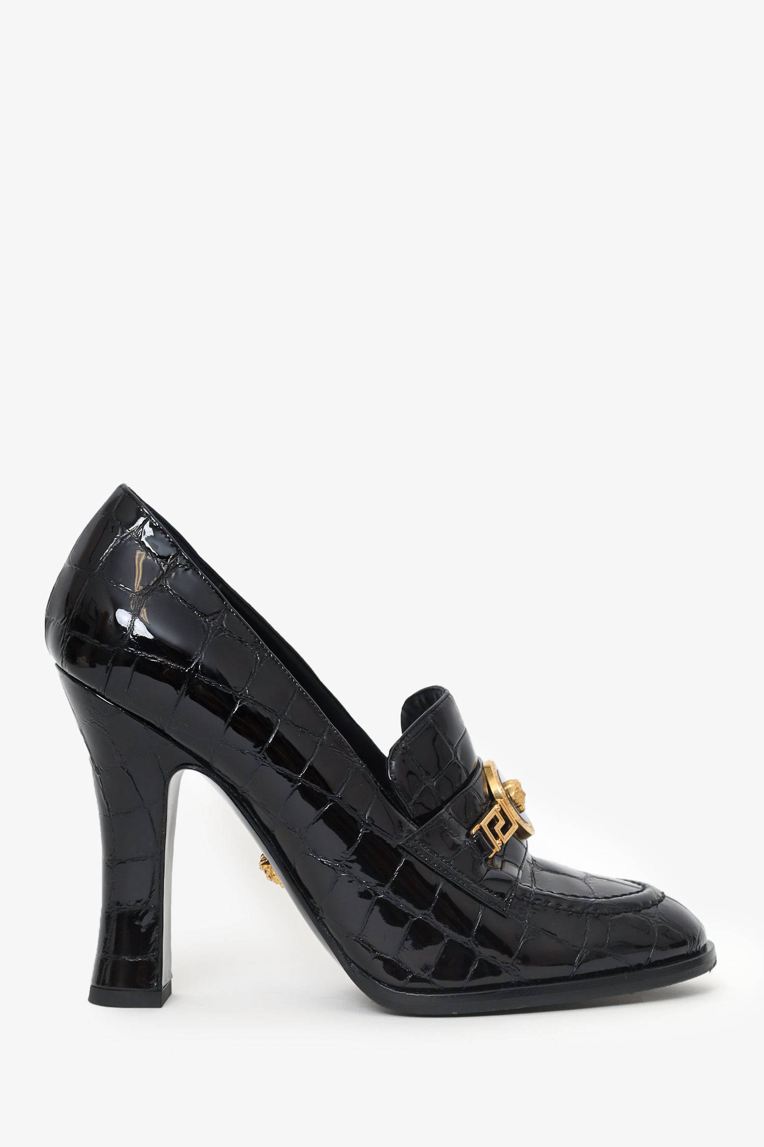 Versace Black Croc Embossed Leather Heeled Loafers Size 40