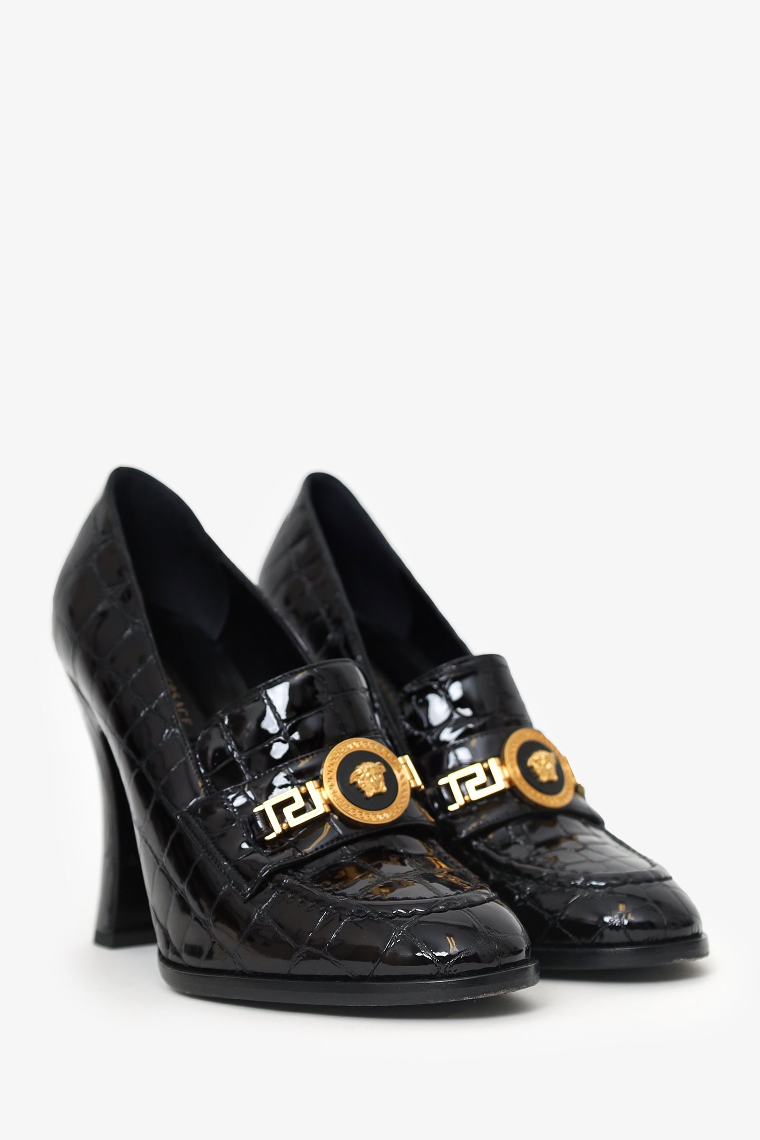 Versace Black Croc Embossed Leather Heeled Loafers Size 40