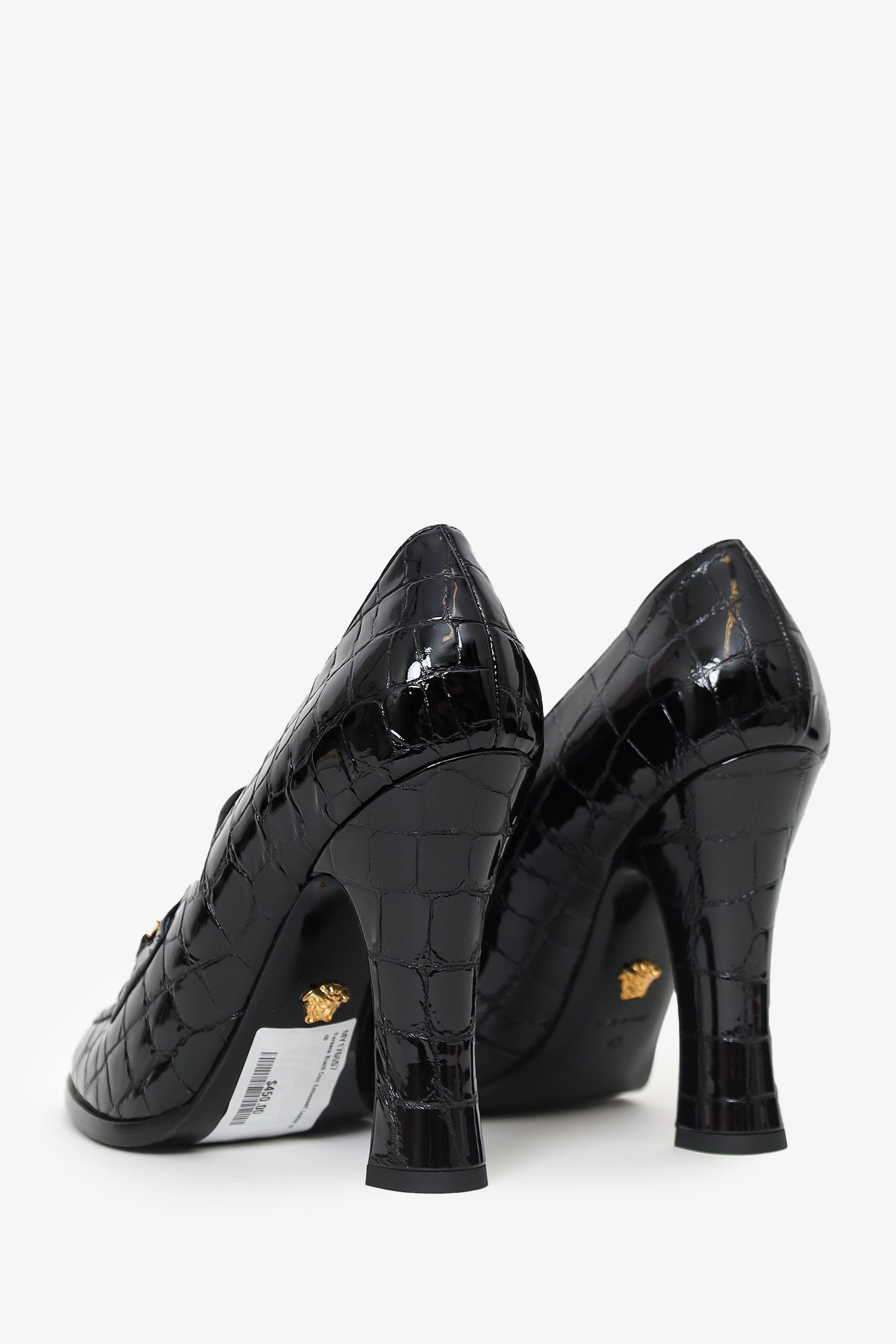 Versace Black Croc Embossed Leather Heeled Loafers Size 40
