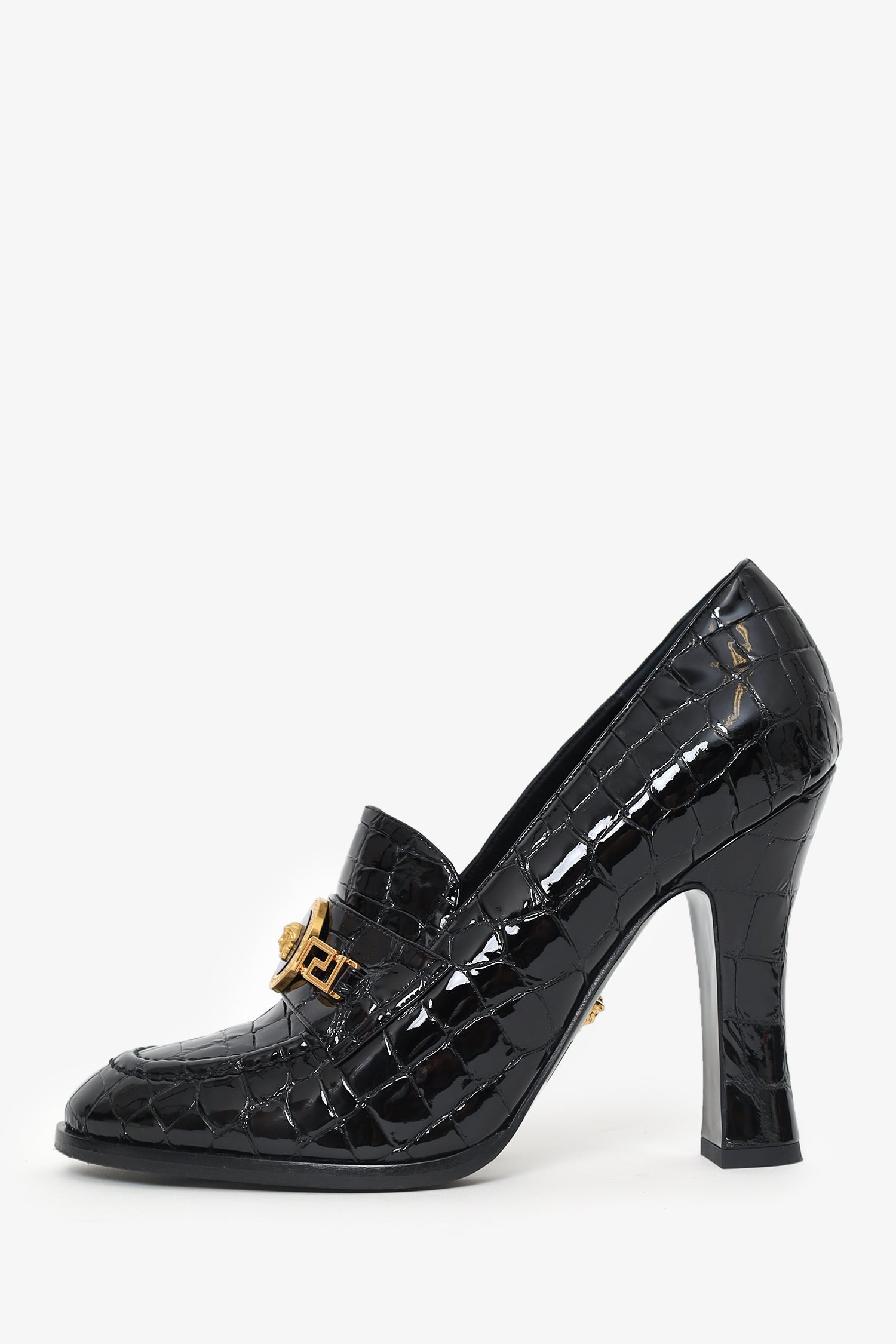 Versace Black Croc Embossed Leather Heeled Loafers Size 40