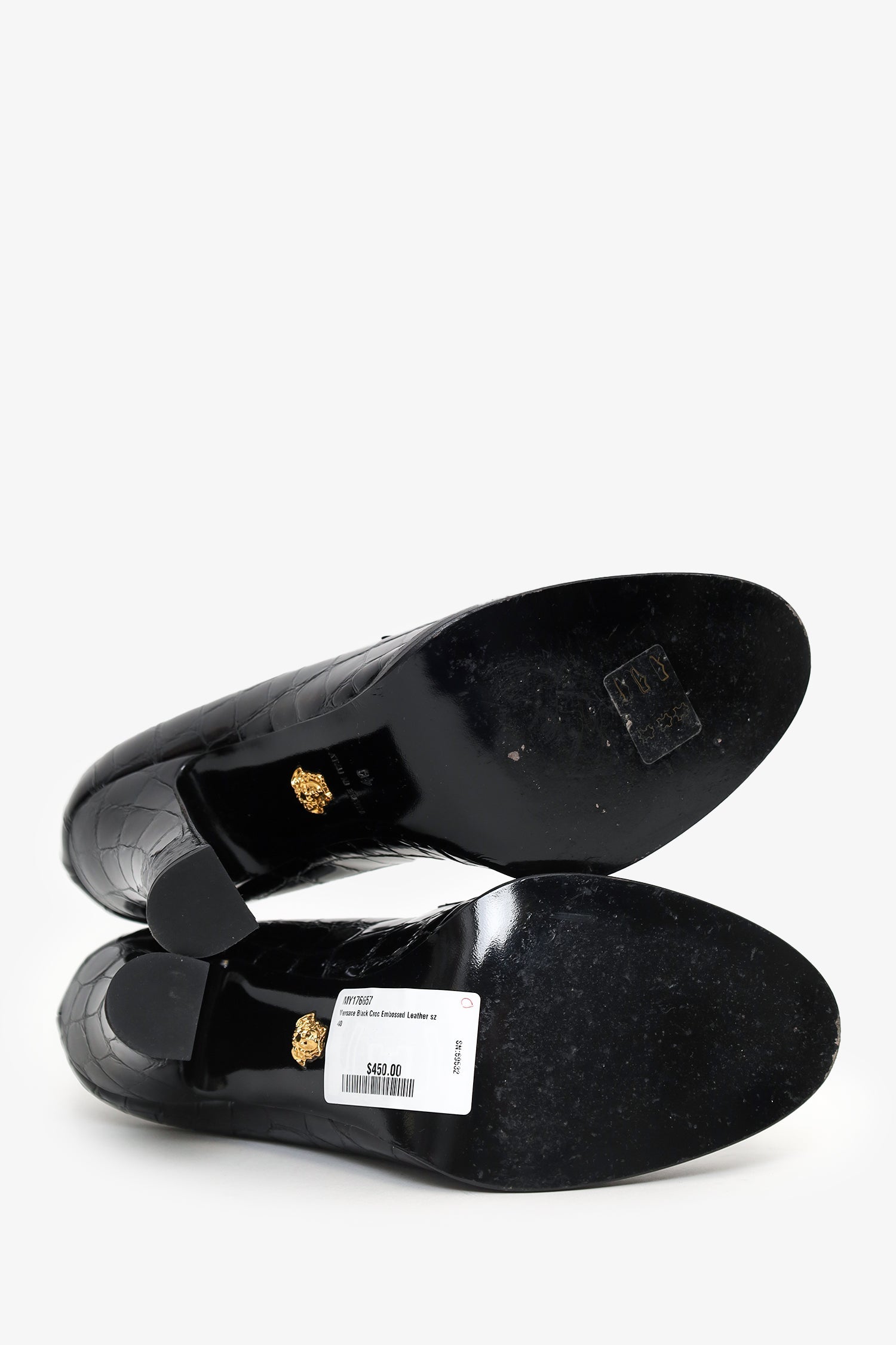 Versace Black Croc Embossed Leather Heeled Loafers Size 40