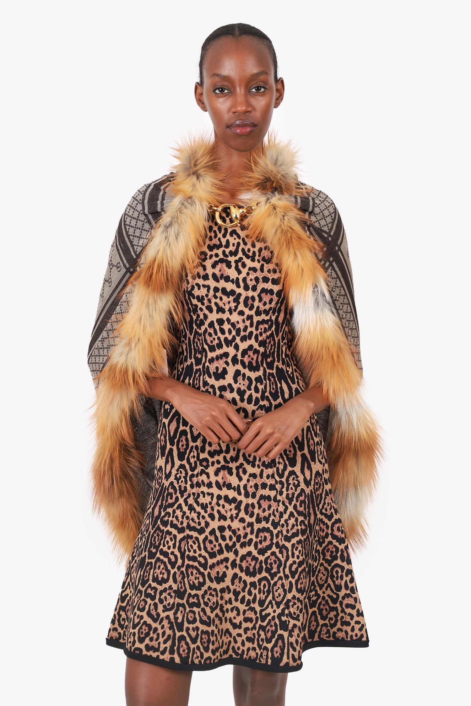 Gucci Brown Wool/Fox Fur Trim 'GG' Monogram Poncho