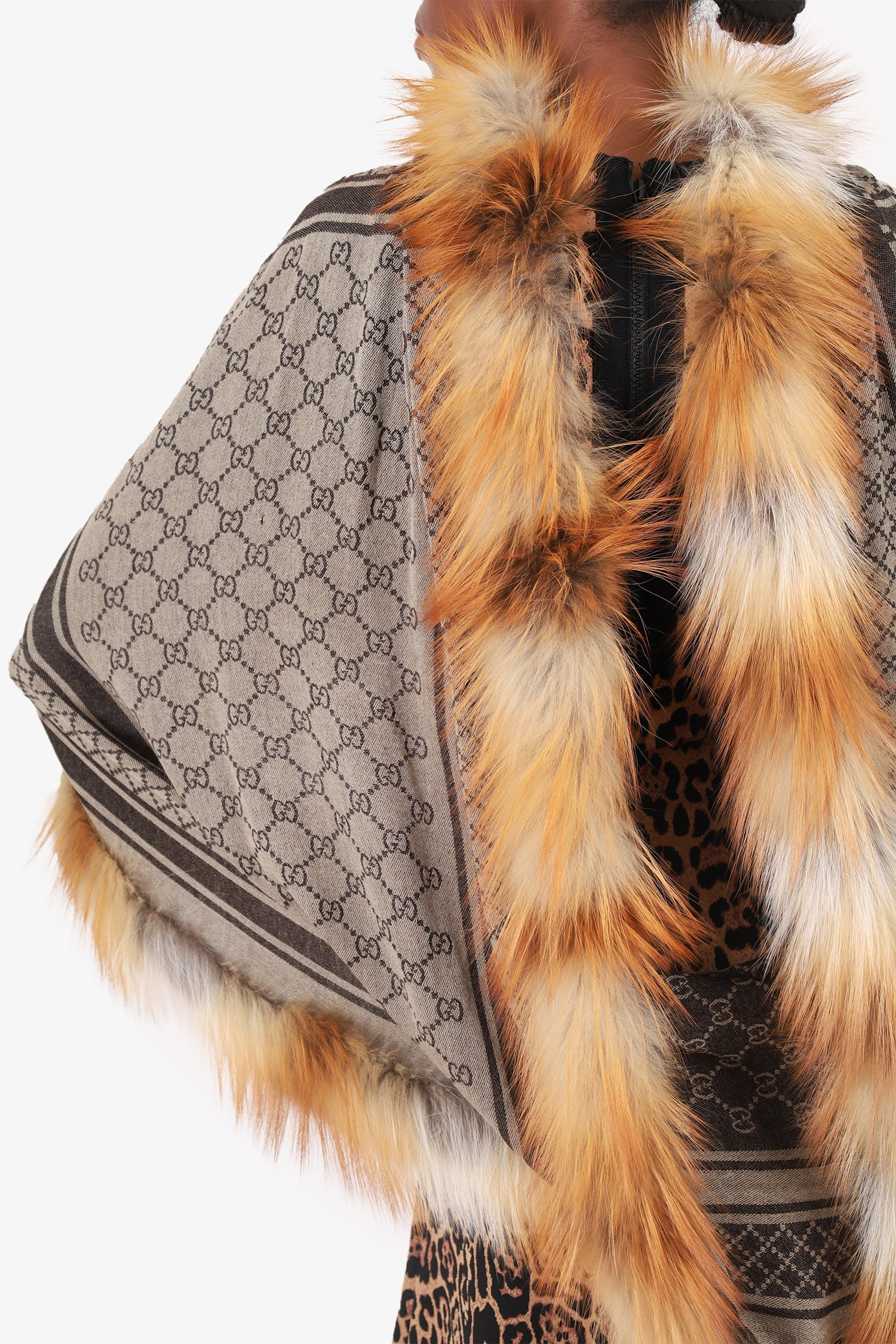 Gucci Brown Wool/Fox Fur Trim 'GG' Monogram Poncho
