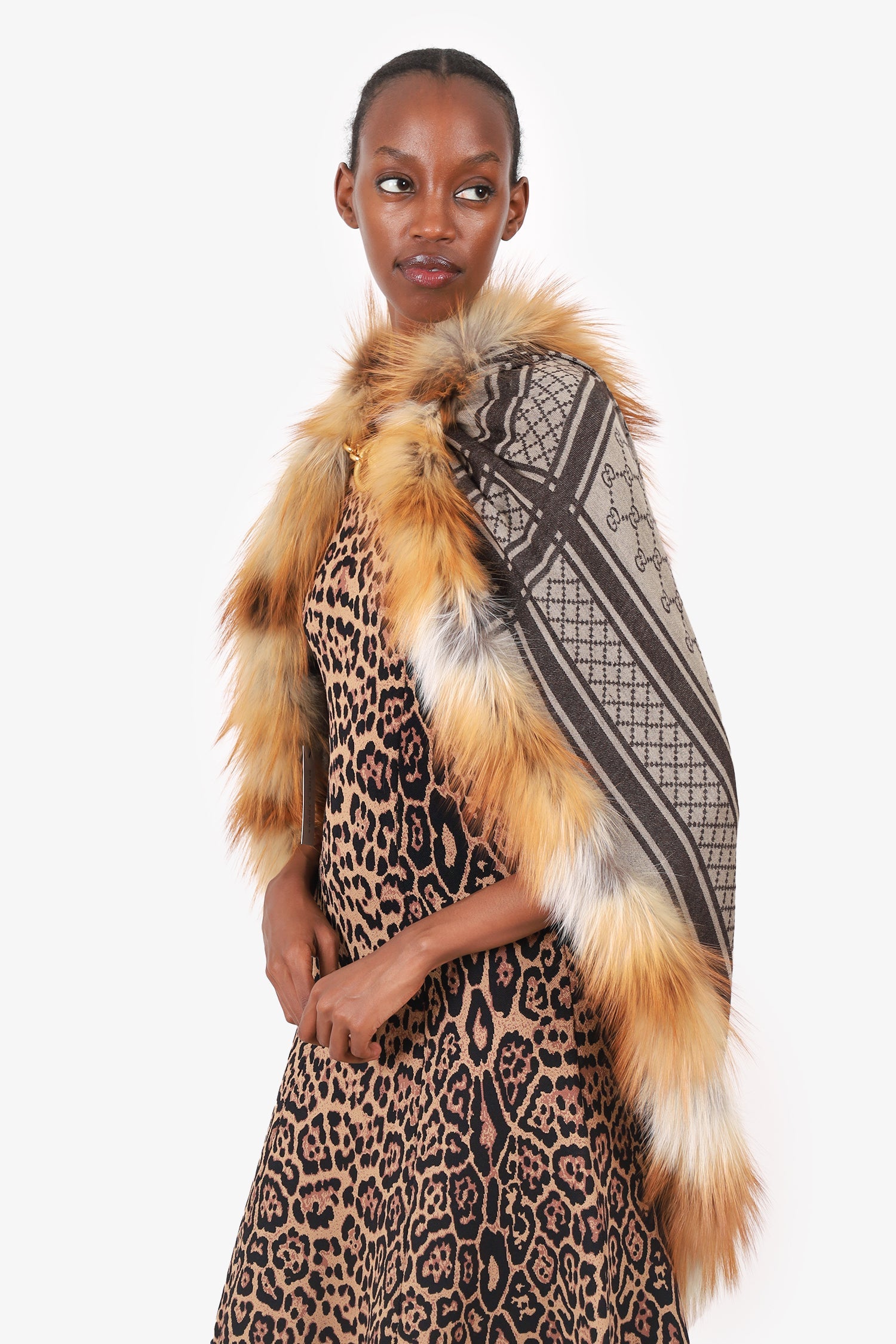 Gucci Brown Wool/Fox Fur Trim 'GG' Monogram Poncho
