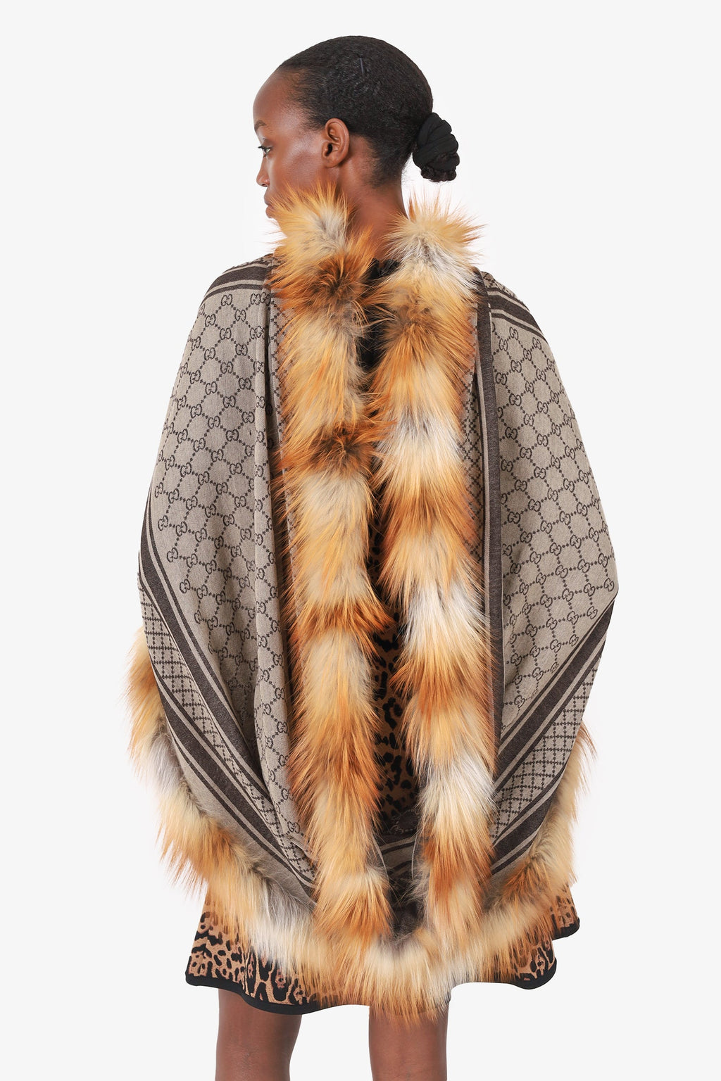 Gucci Brown Wool/Fox Fur Trim 'GG' Monogram Poncho