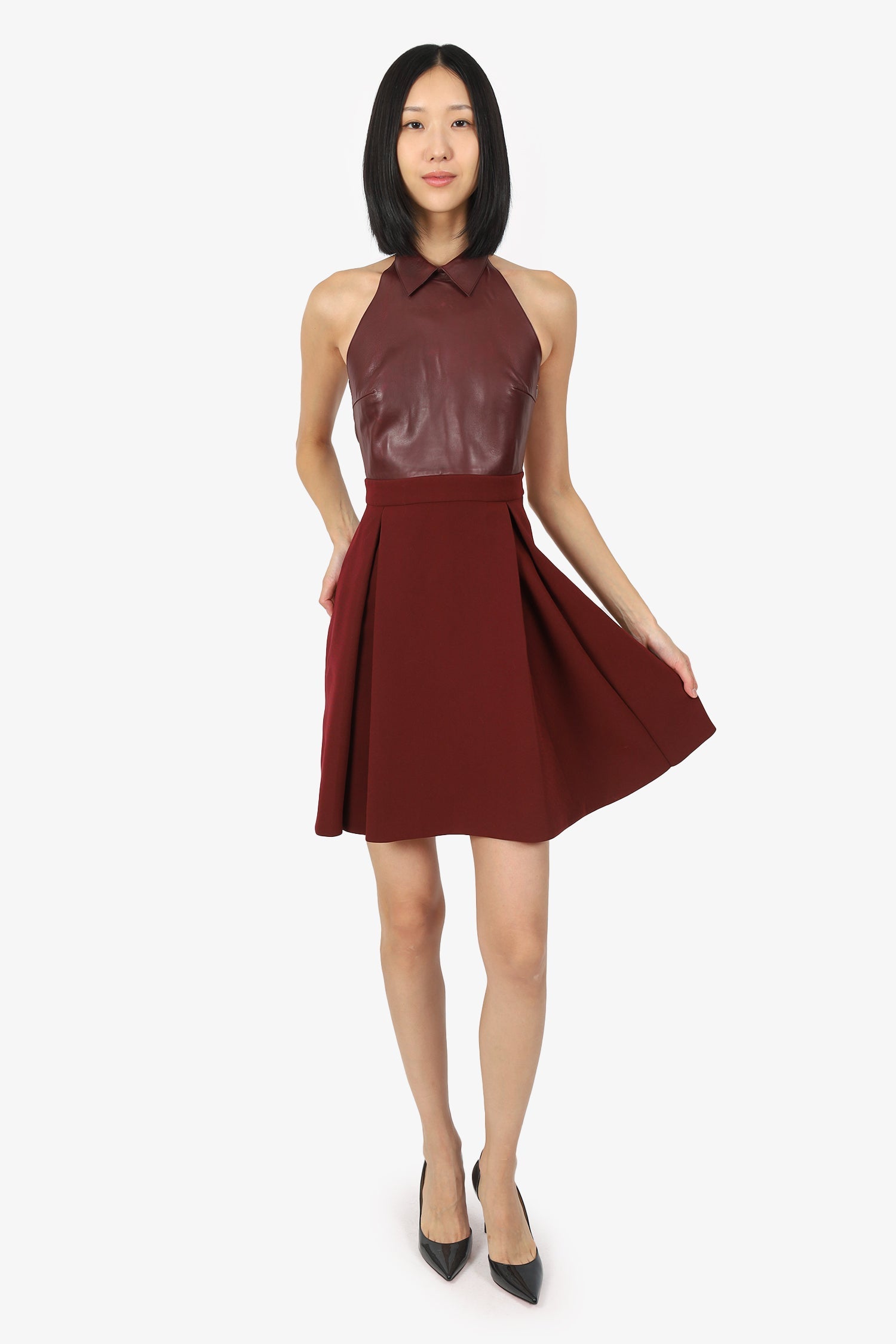 Gucci Burgundy Leather Halter Neck Mini Dress Size 36