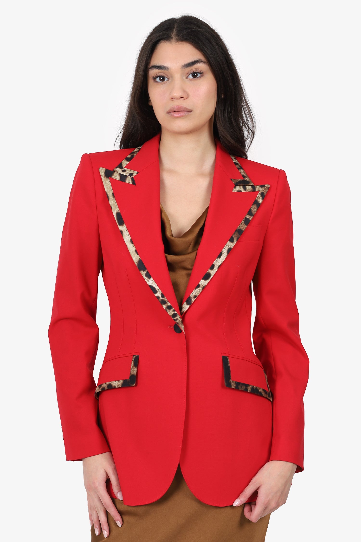 Dolce & Gabbana Red/Leopard Print Wool Single Blazer Size 40