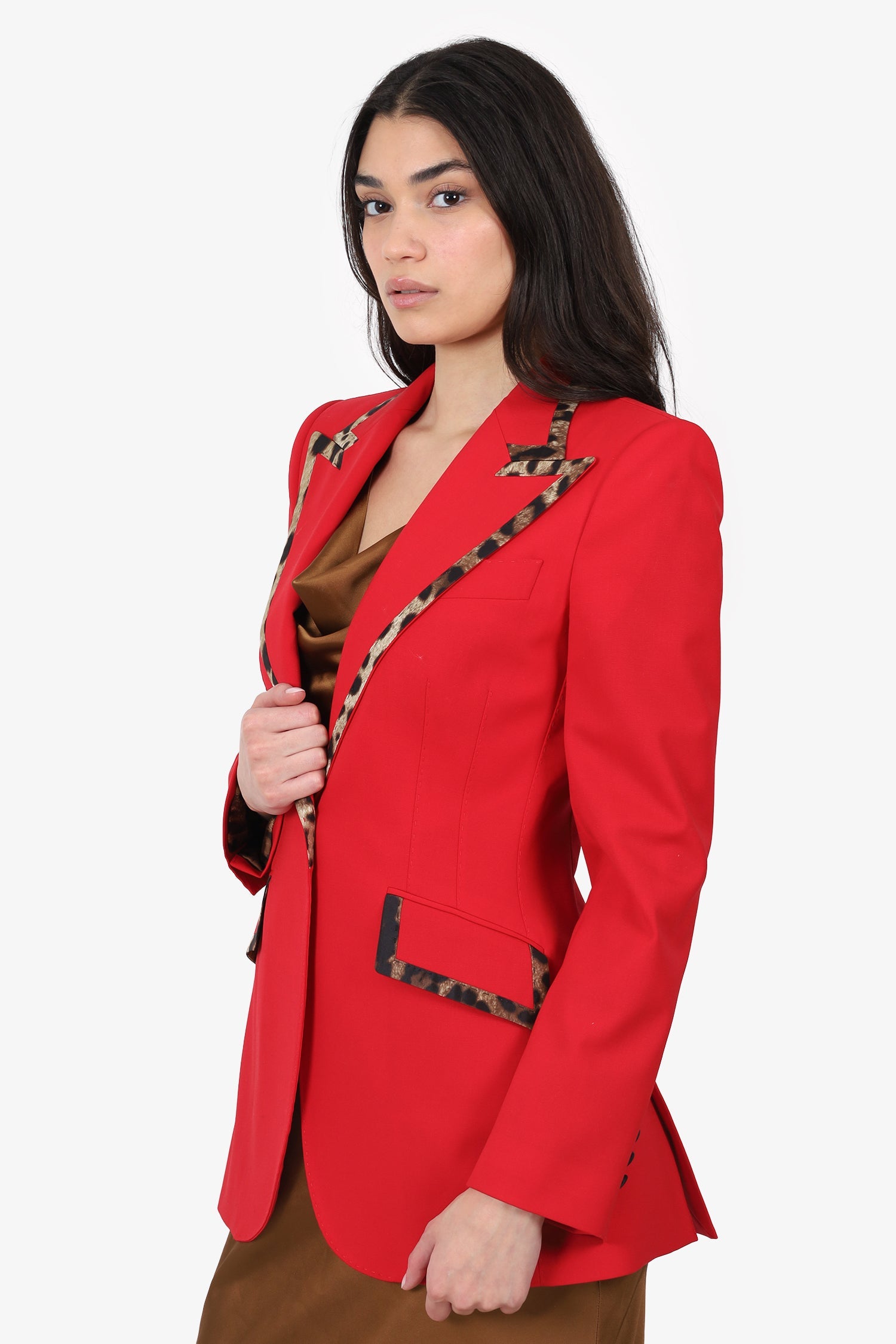 Dolce & Gabbana Red/Leopard Print Wool Single Blazer Size 40