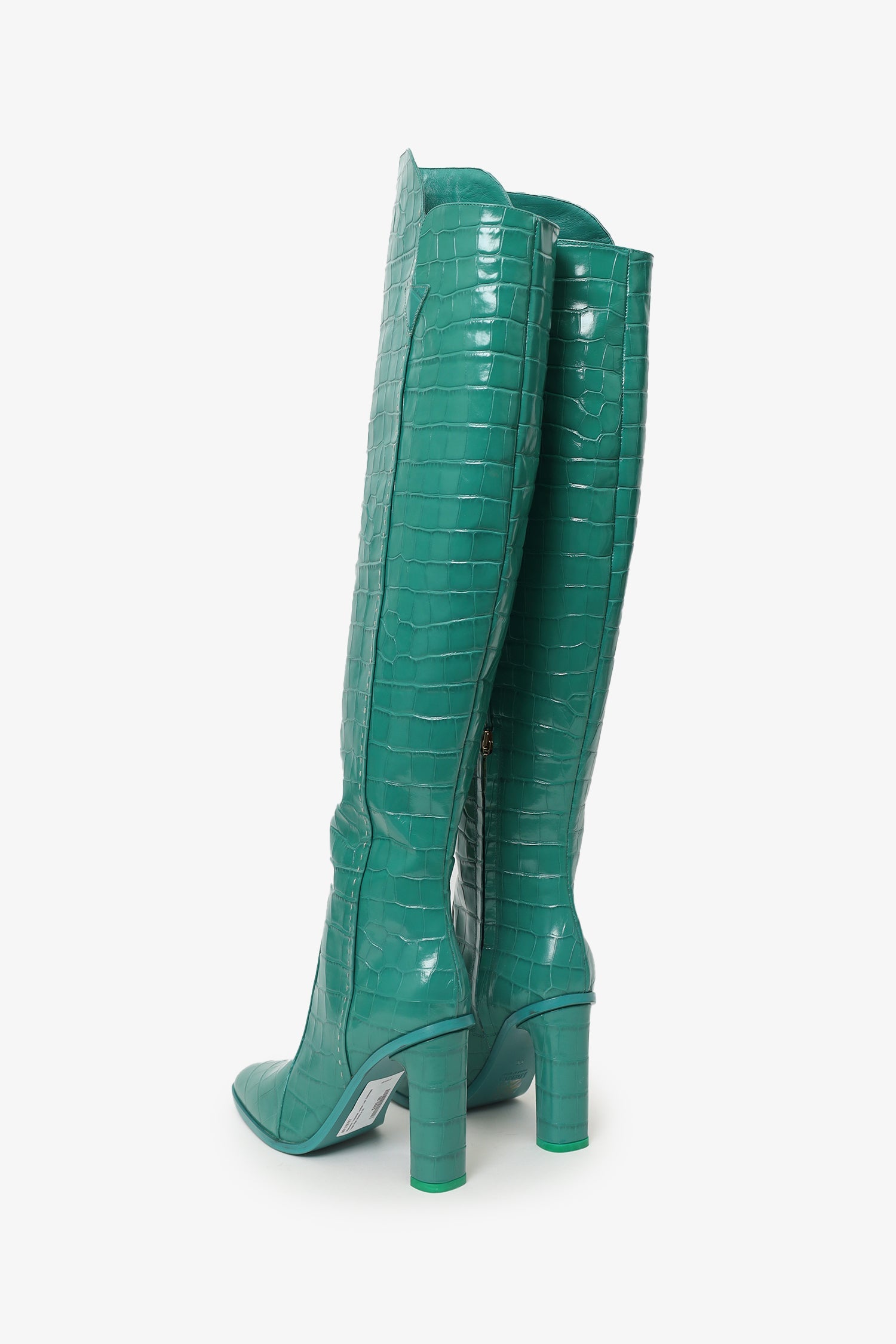 Max Mara Turquoise Leather Croc Embossed Thigh High Boots Size 39