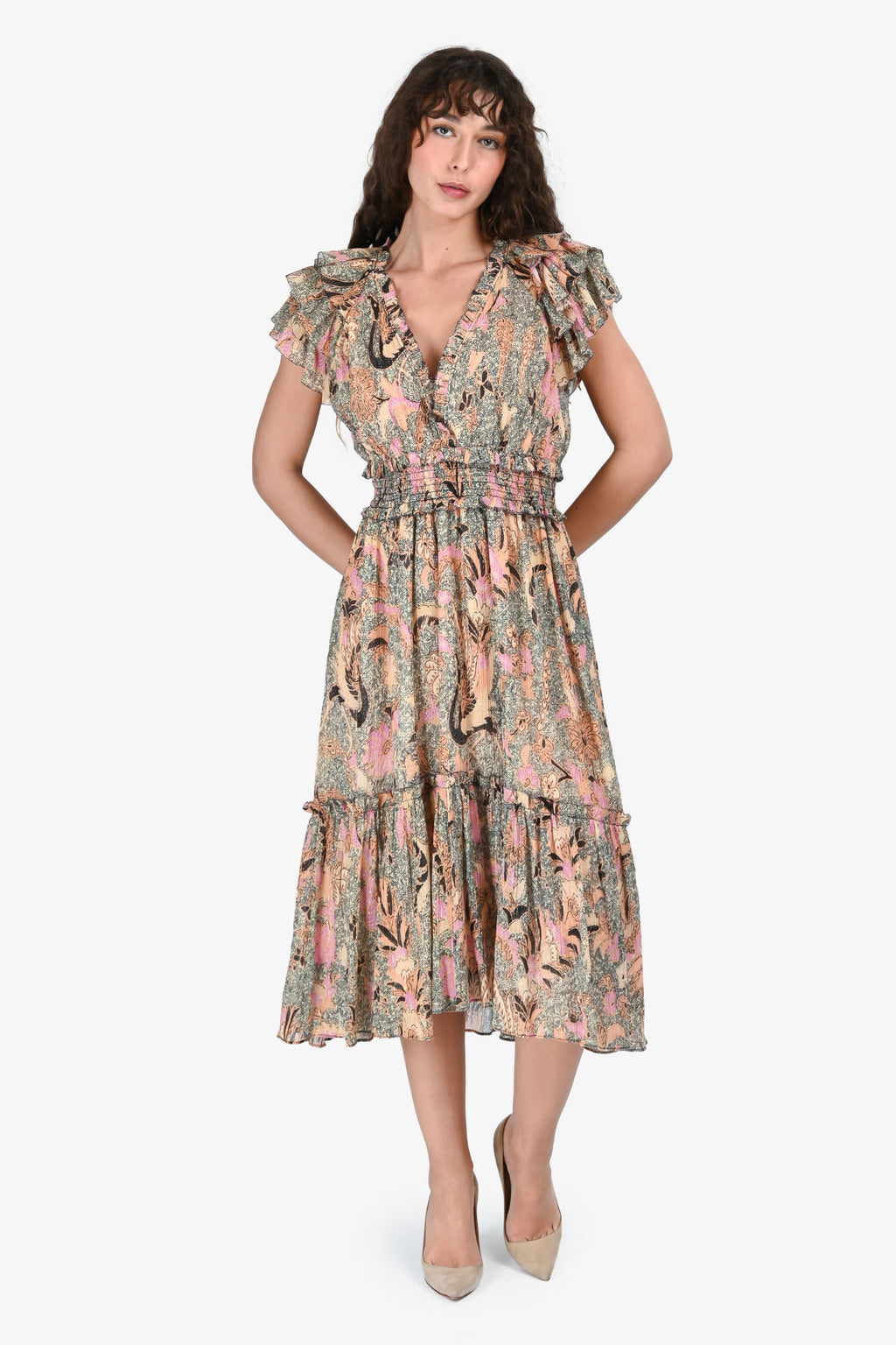 Ulla Johnson Pink/Orange Silk Floral Sparkly Midi Dress Size 8