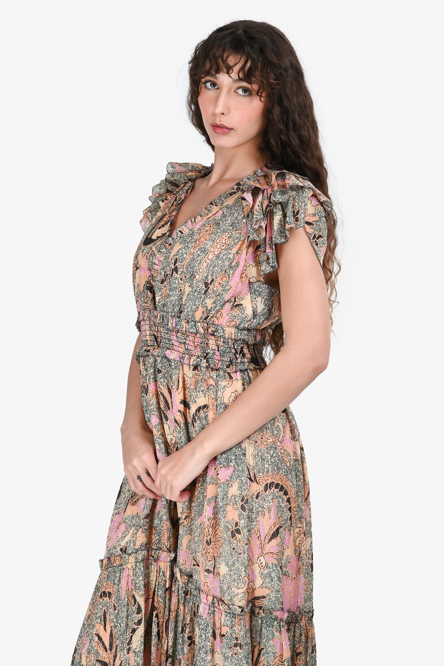 Ulla Johnson Pink/Orange Silk Floral Sparkly Midi Dress Size 8