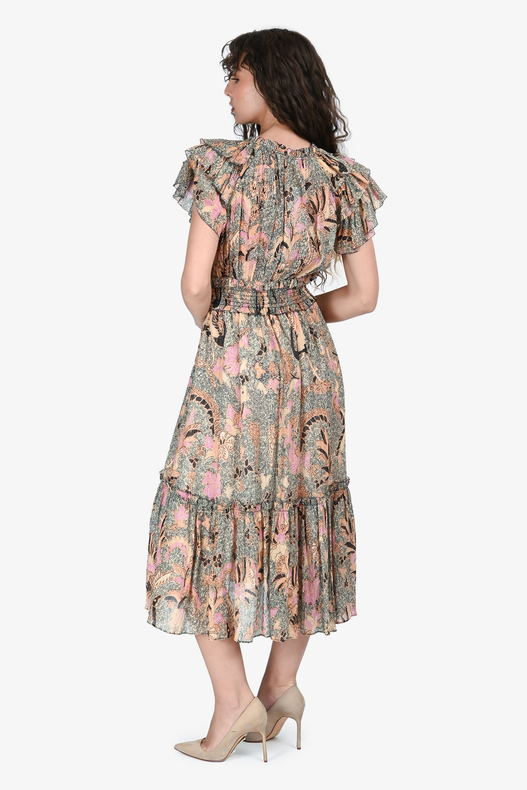 Ulla Johnson Pink/Orange Silk Floral Sparkly Midi Dress Size 8