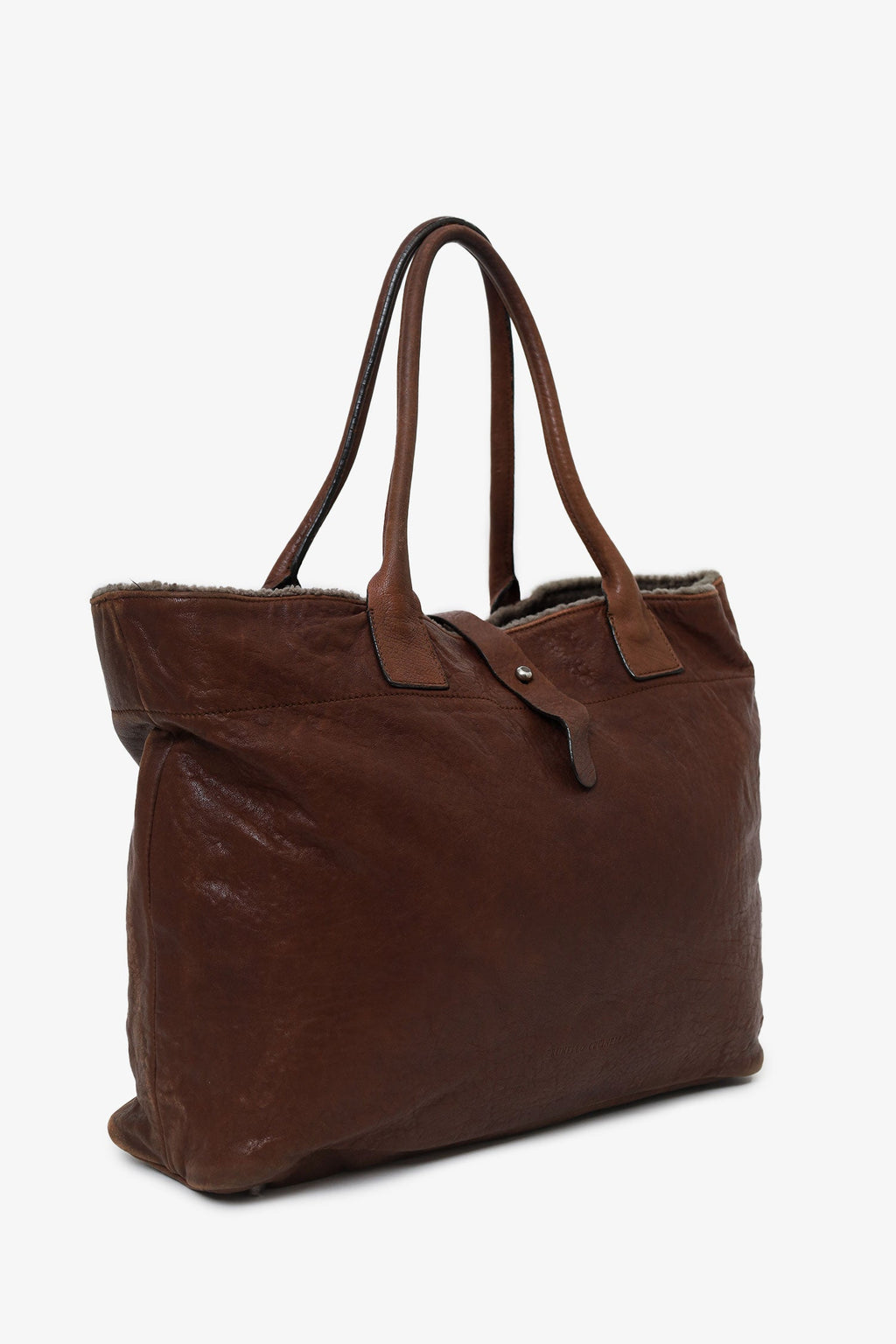 Brunello Cucinelli Brown Leather Shearling Trim Tote