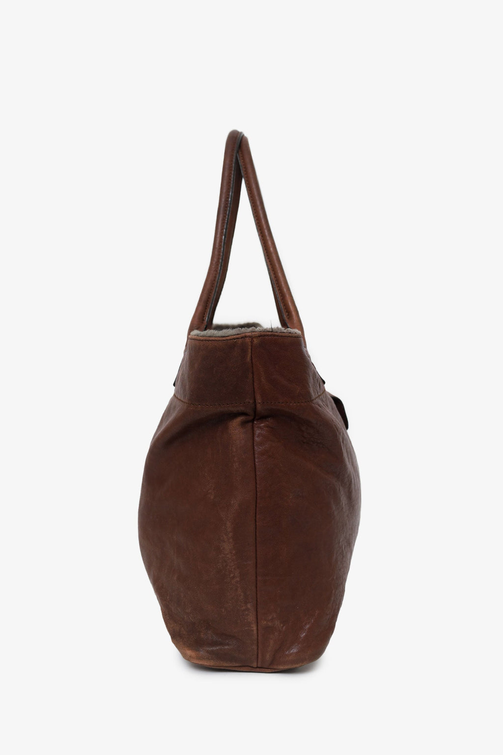 Brunello Cucinelli Brown Leather Shearling Trim Tote