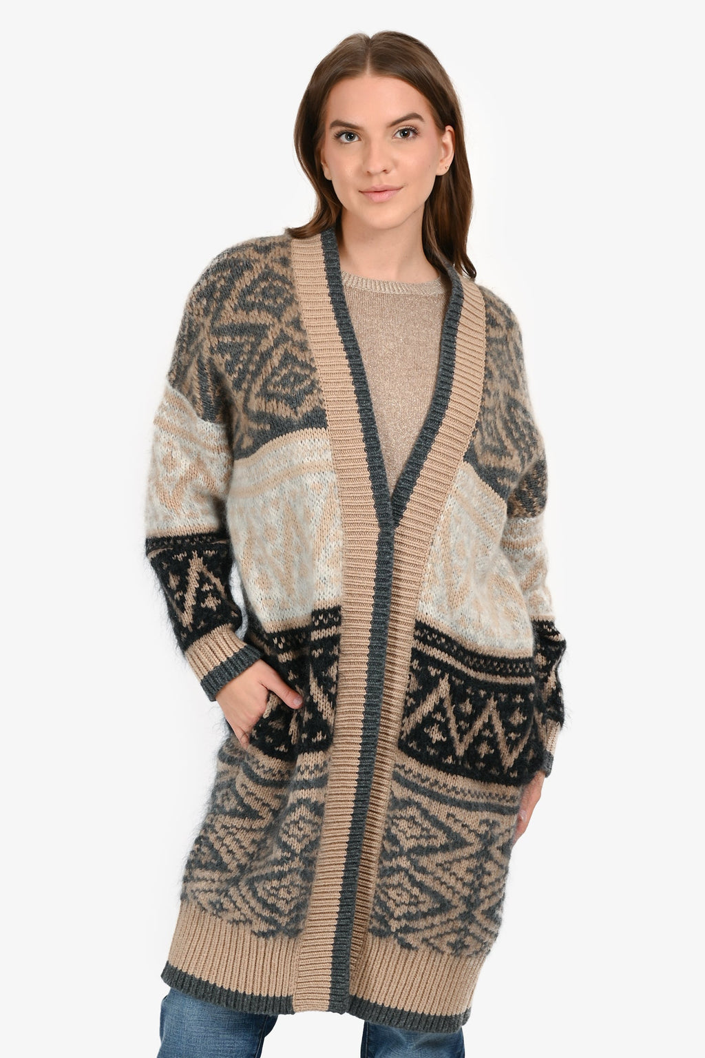 Brunello Cucinelli Brown/Black Cashmere/Mohair Long Sweater