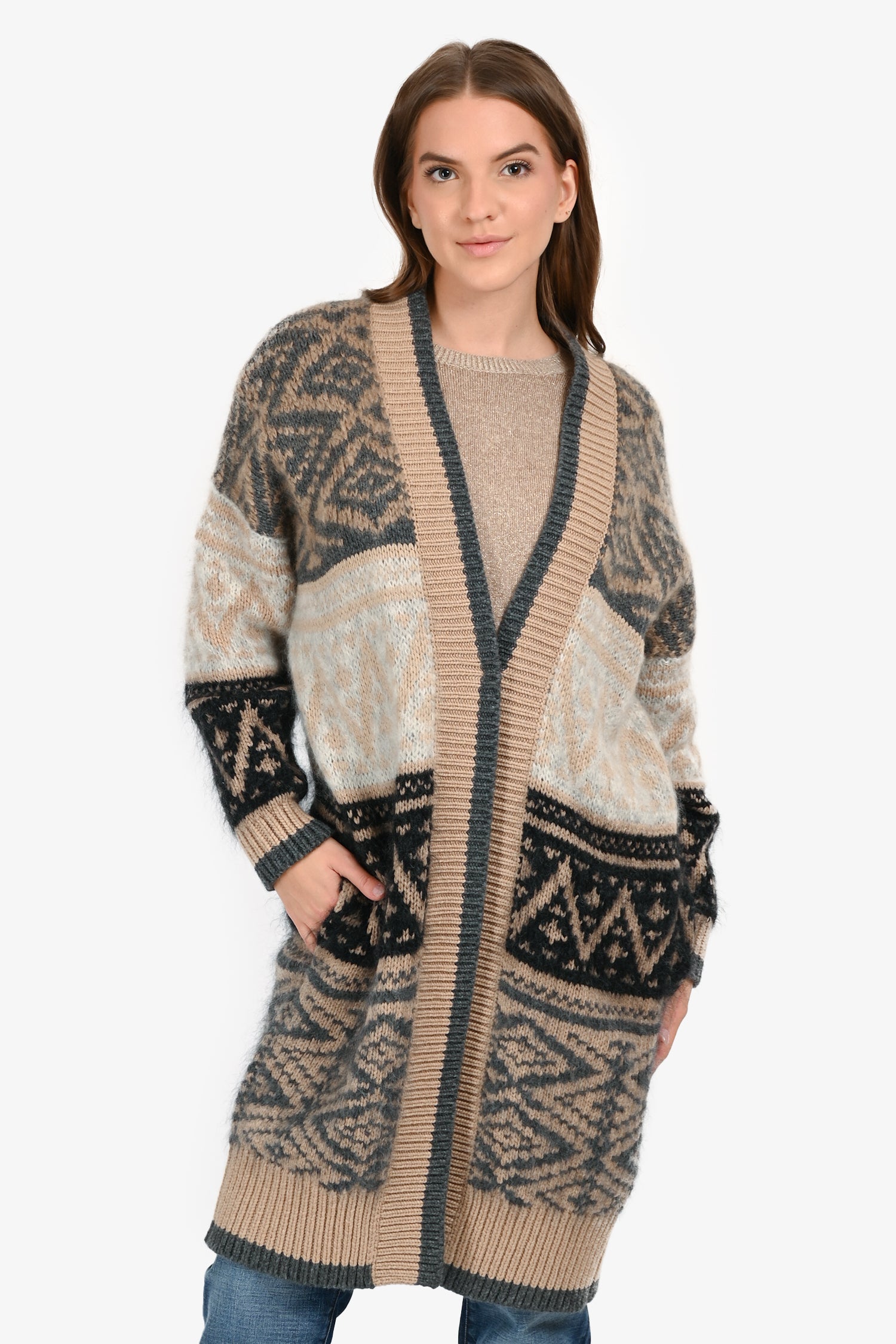 Brunello Cucinelli Brown/Black Cashmere/Mohair Long Sweater