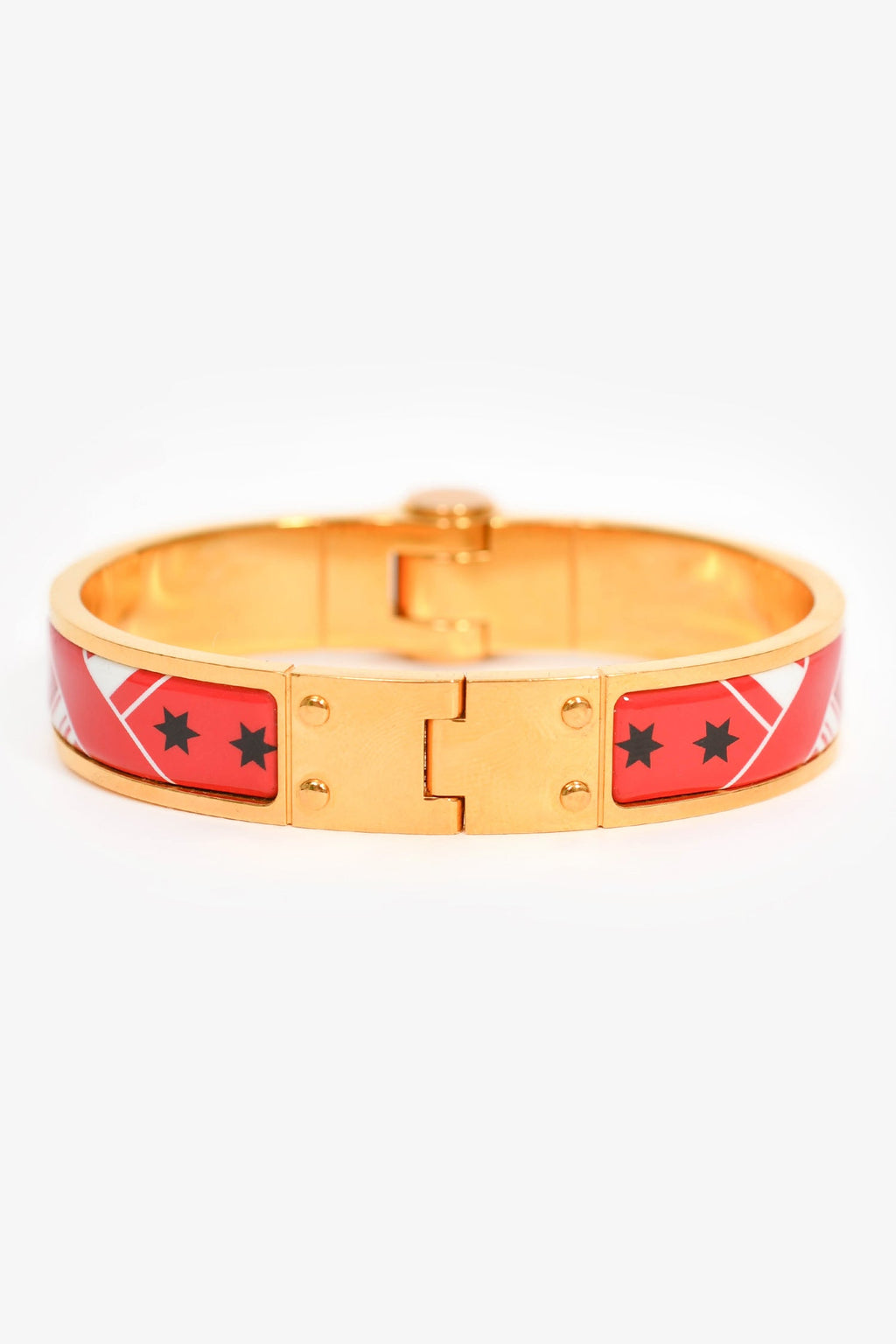 Hermès Red Eperon D'or Bandana Rouge Enamel Gold Plated Hinged Bracelet Size S