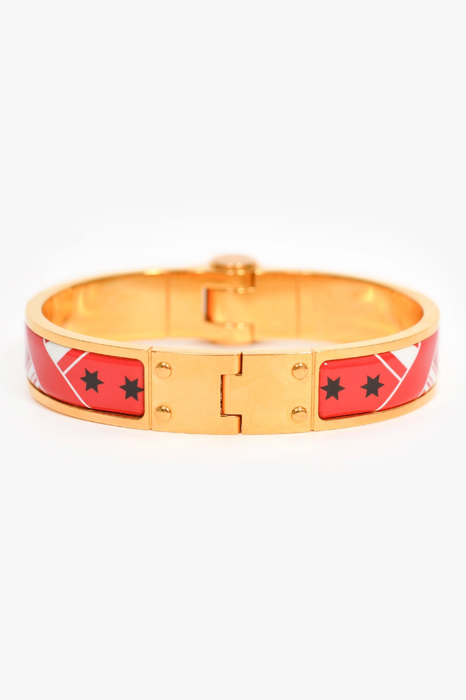 Hermès Red Eperon D'or Bandana Rouge Enamel Gold Plated Hinged Bracelet Size S