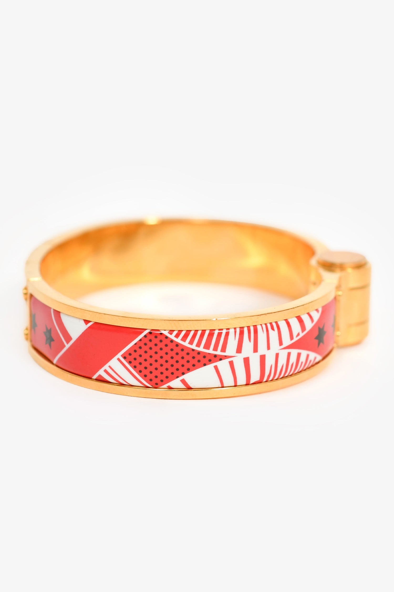 Hermès Red Eperon D'or Bandana Rouge Enamel Gold Plated Hinged Bracelet Size S