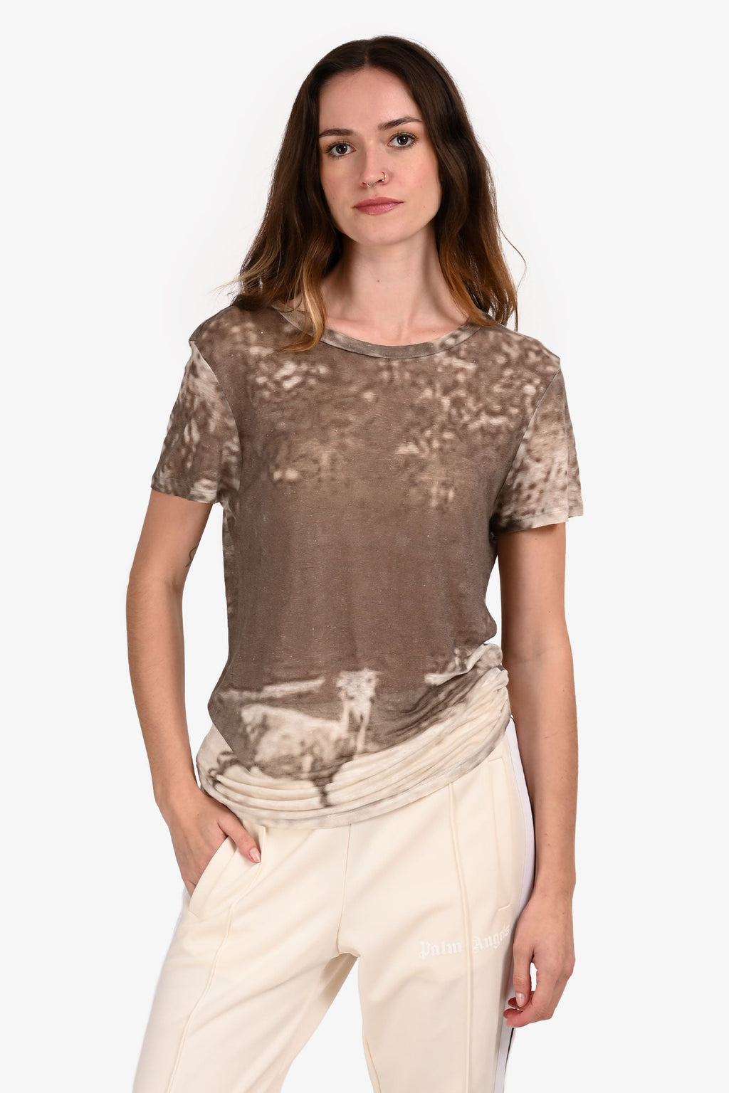 Isabel Marant Etoile Grey/White Linen Distressed Pattern Short Sleeve Top Size S