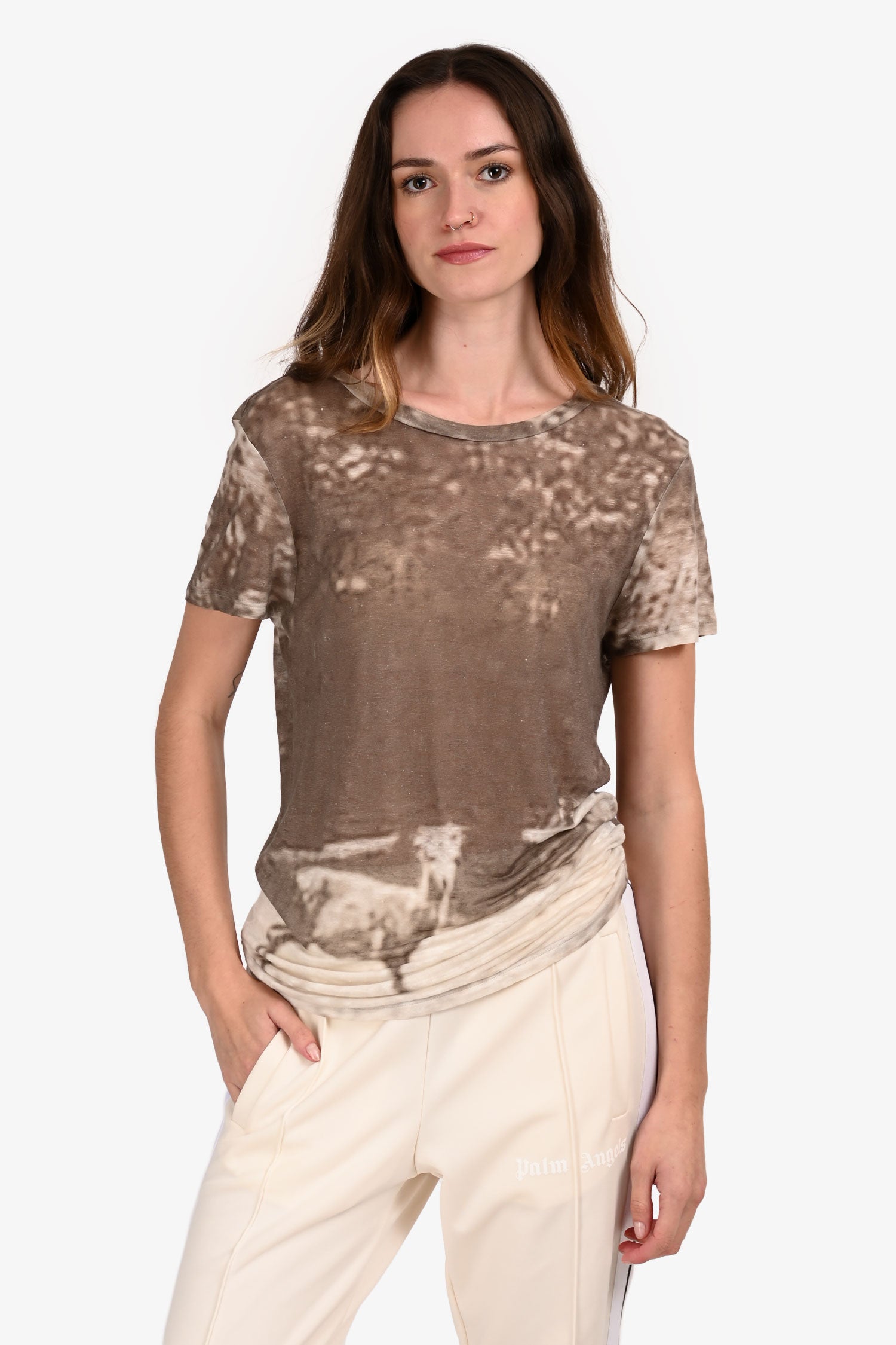 Isabel Marant Etoile Grey/White Linen Distressed Pattern Short Sleeve Top Size S