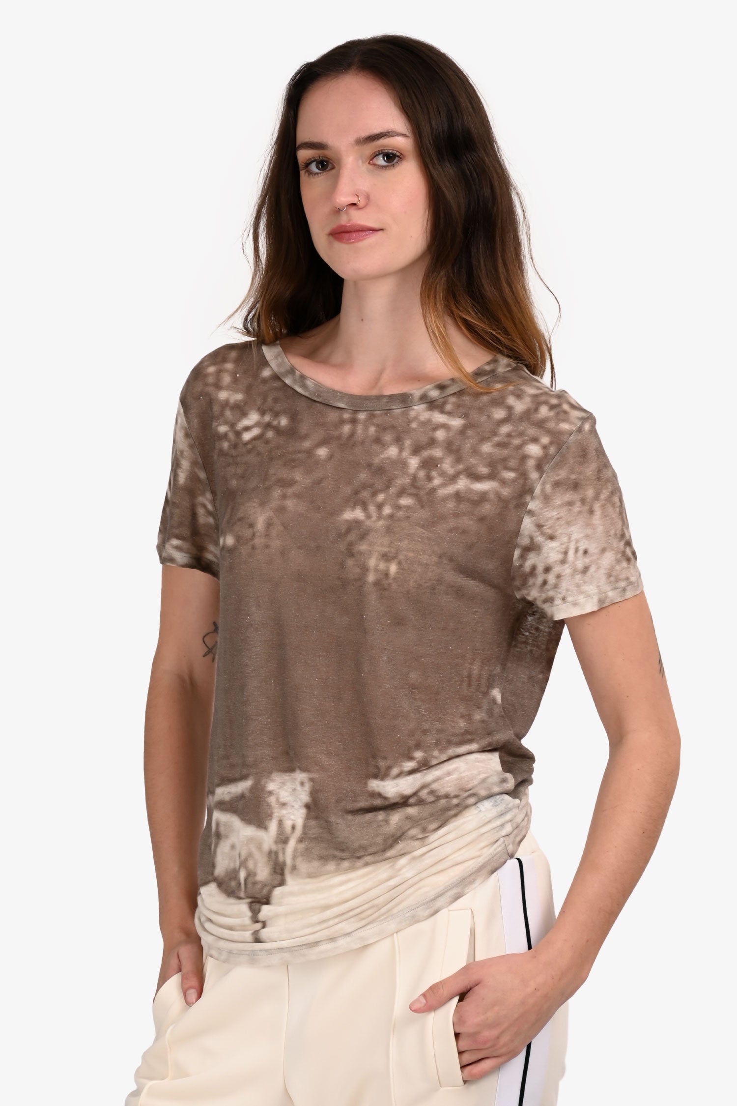 Isabel Marant Etoile Grey/White Linen Distressed Pattern Short Sleeve Top Size S