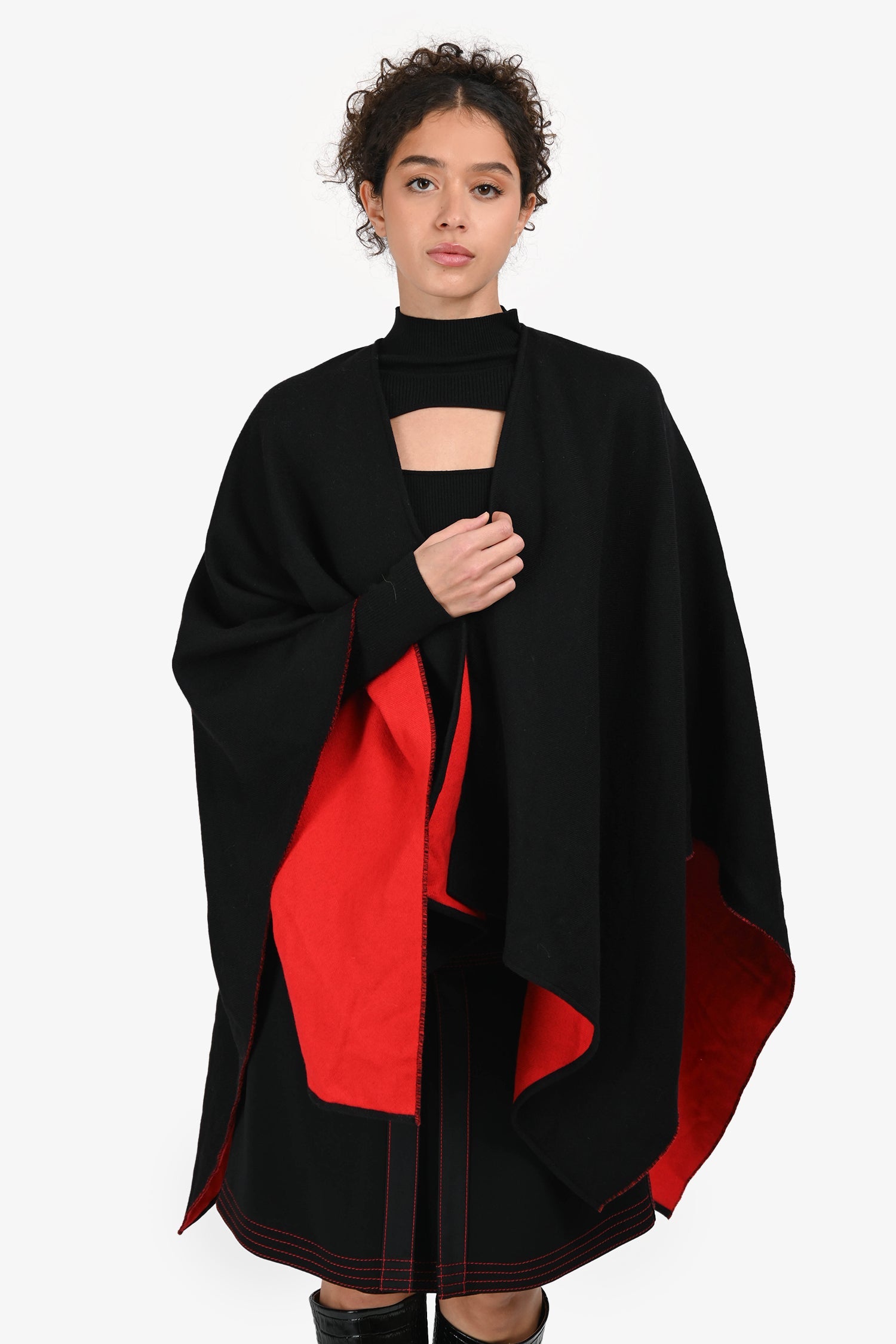 Burberry Black/Red Wool Reversible Logo Poncho Cape