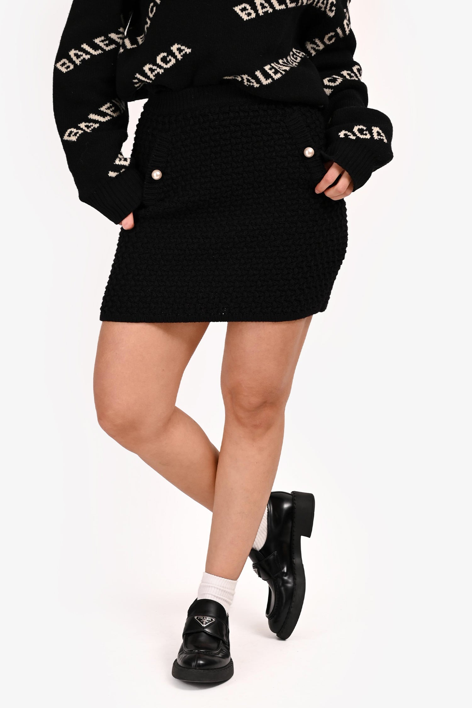 Boutique Moschino Black Wool Pearl Button Mini Skirt Size 4