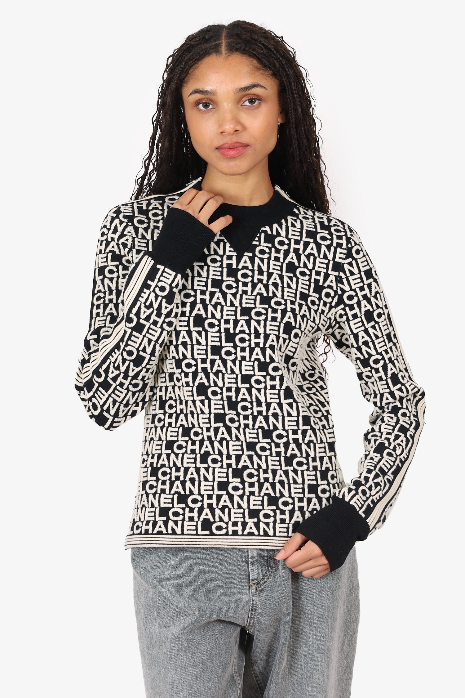 Pre-Loved Chanel™ Black/White Monochrome Logo Jacquard Sweater size 40