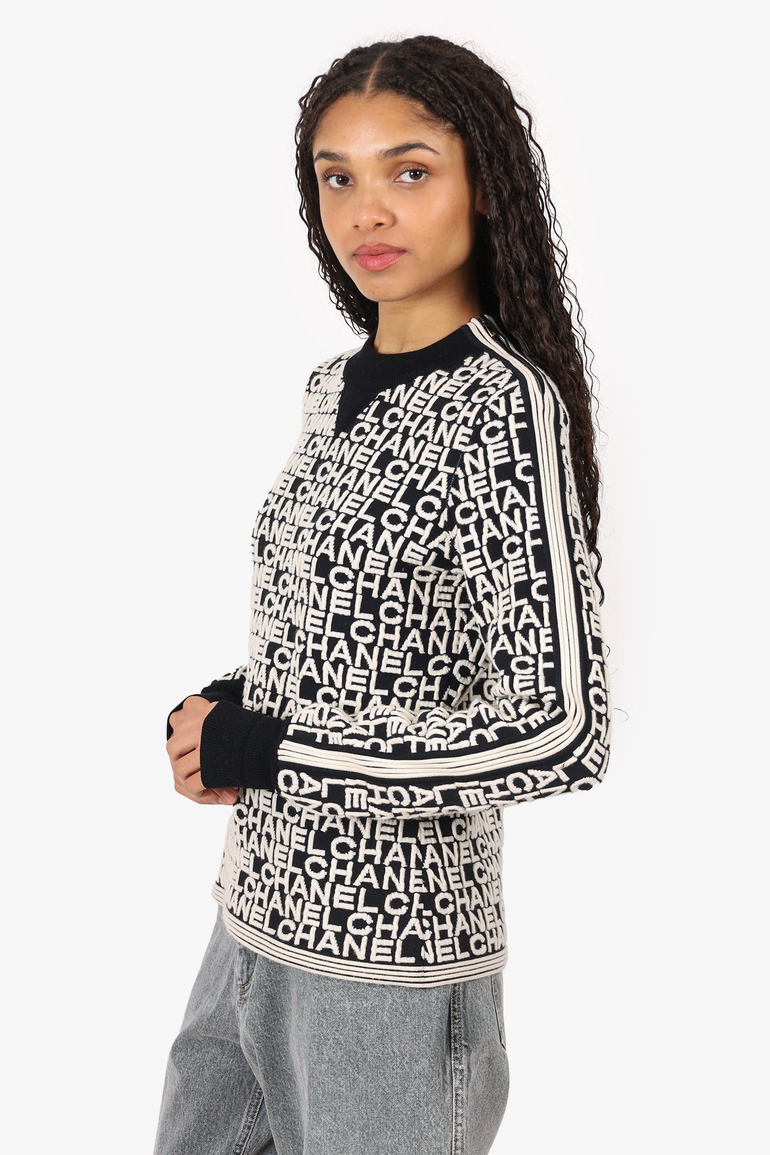 Pre-Loved Chanel™ Black/White Monochrome Logo Jacquard Sweater size 40