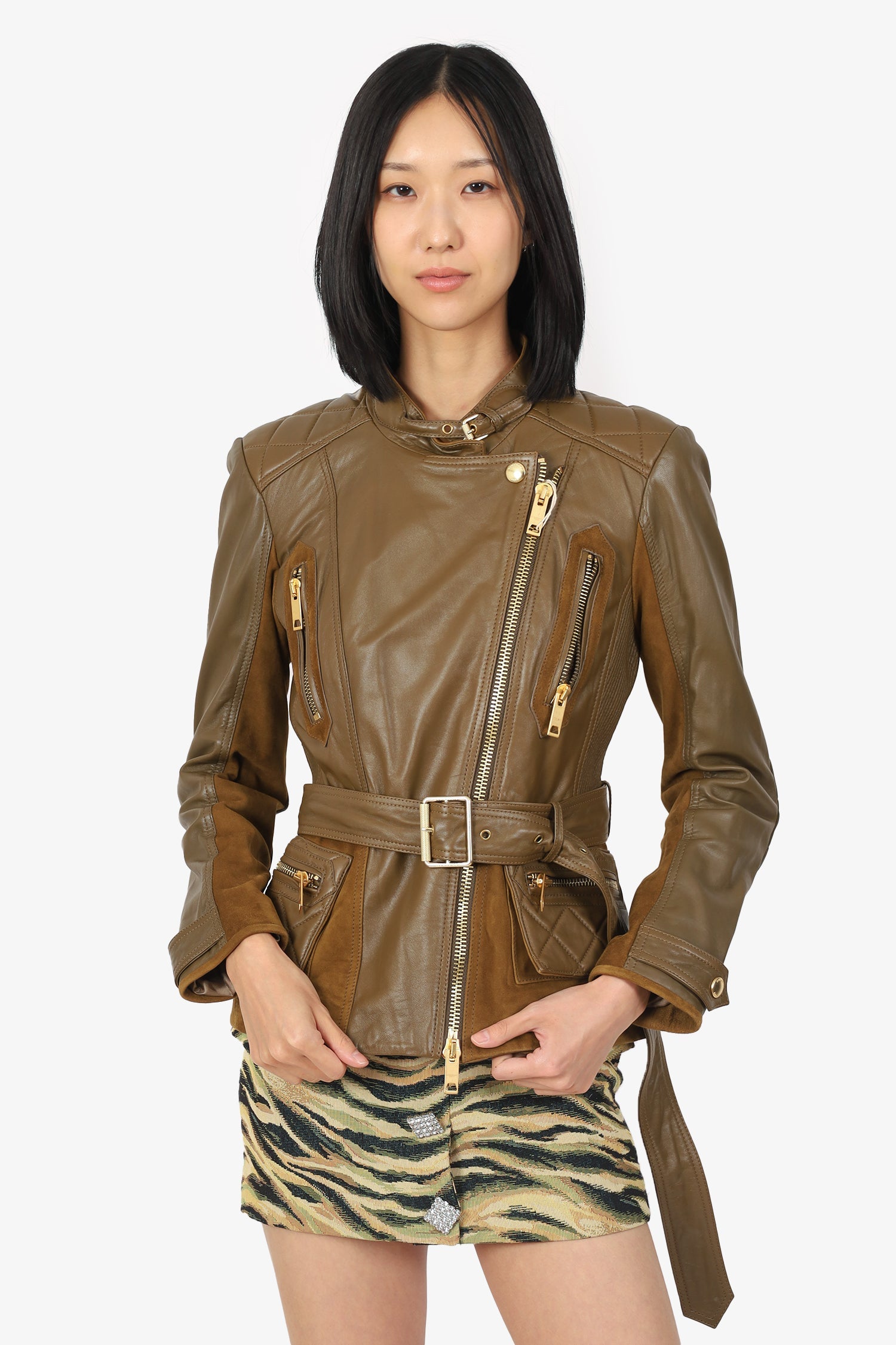 Burberry Brit Khaki Green Suede/Leather Belted Biker Jacket Size 10