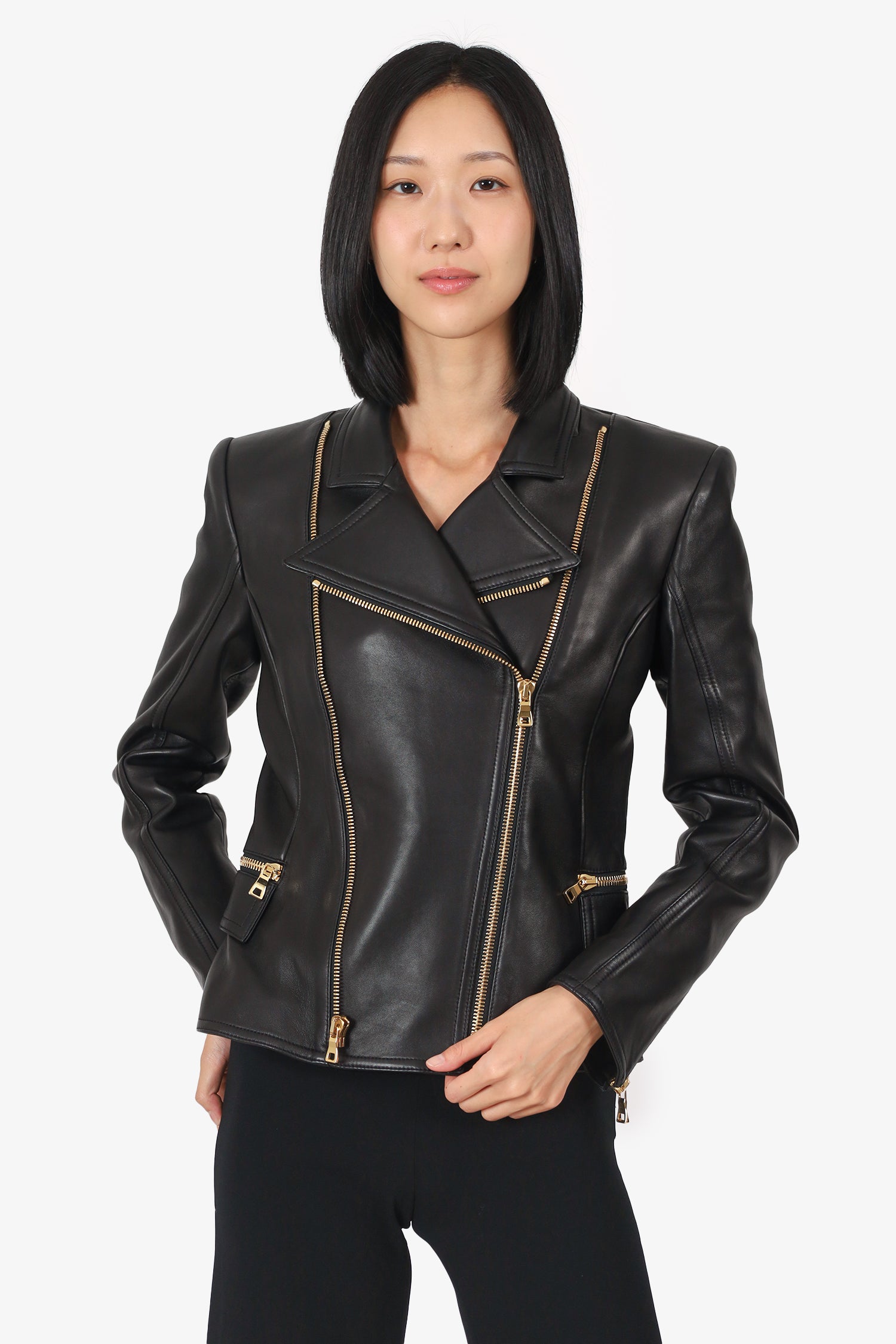 Balmain Black Leather Biker Jacket Size 40
