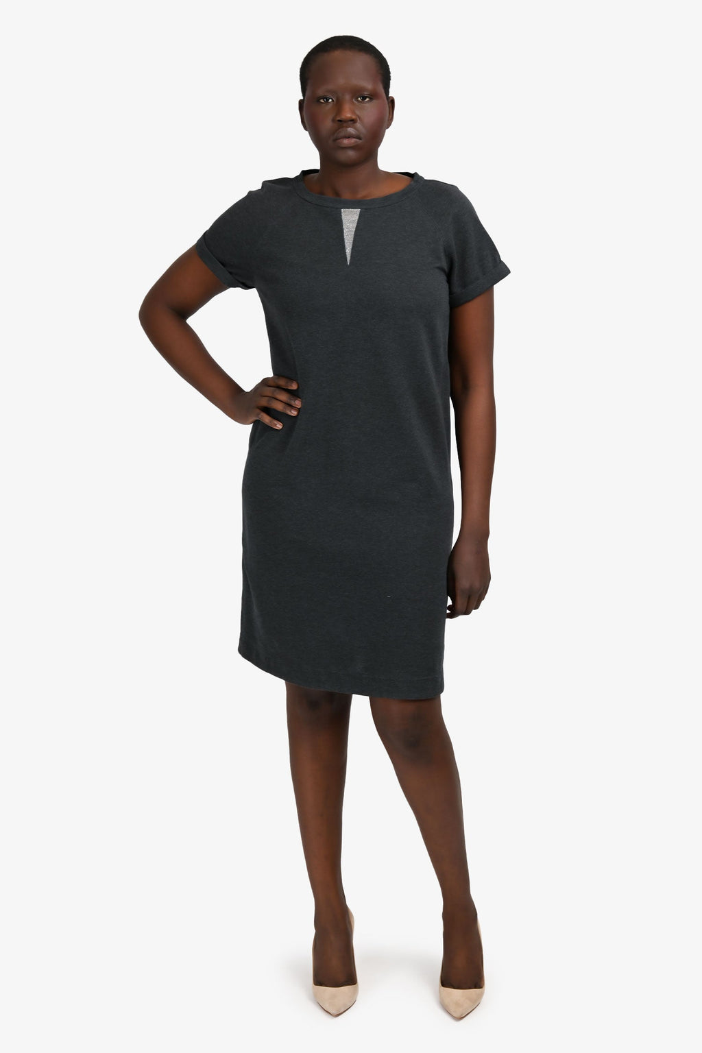Brunello Cucinelli Grey Cotton Bead Front Detail Dress Est. Size M/L
