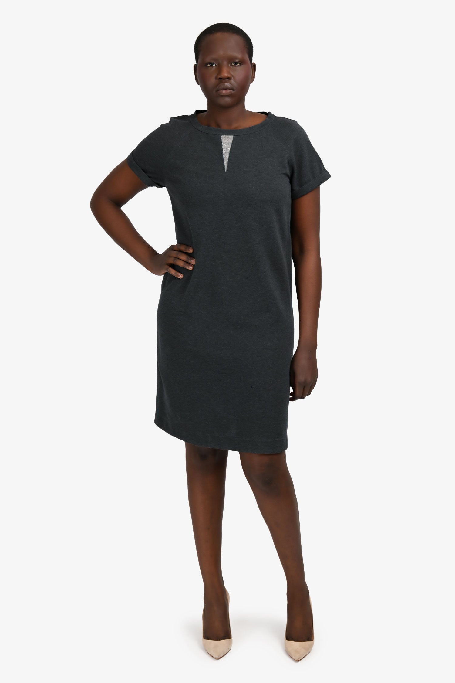 Brunello Cucinelli Grey Cotton Bead Front Detail Dress Est. Size M/L