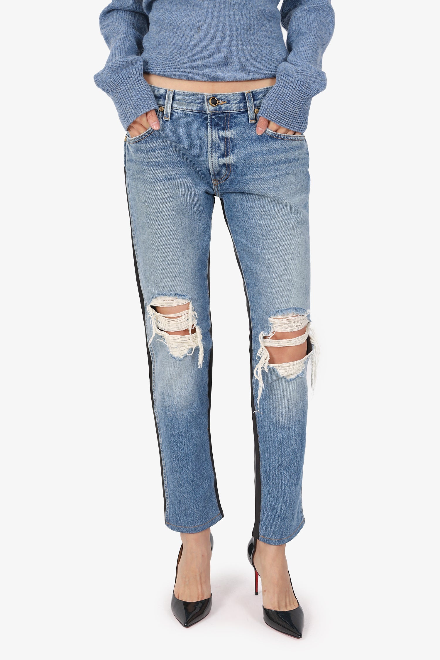 Khaite Blue/Black Denim/Leather Distressed Jeans Size 25