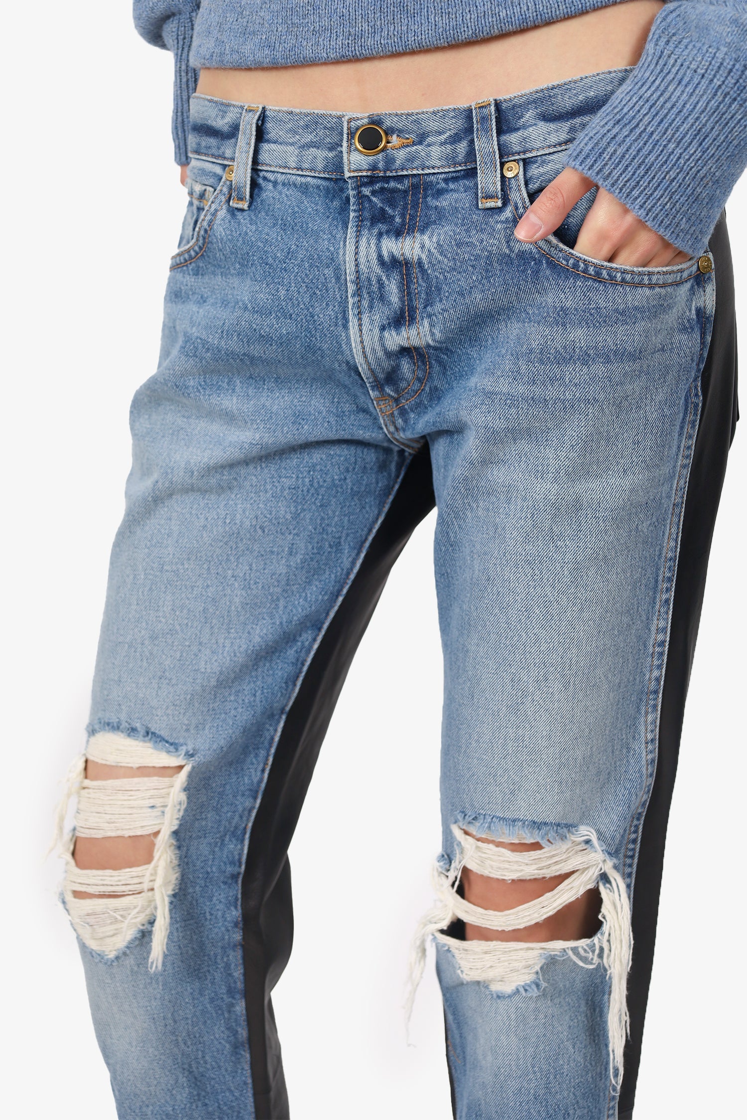 Khaite Blue/Black Denim/Leather Distressed Jeans Size 25