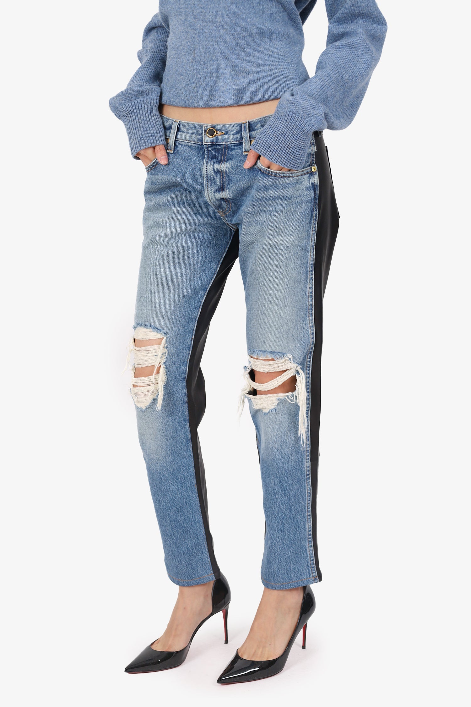 Khaite Blue/Black Denim/Leather Distressed Jeans Size 25
